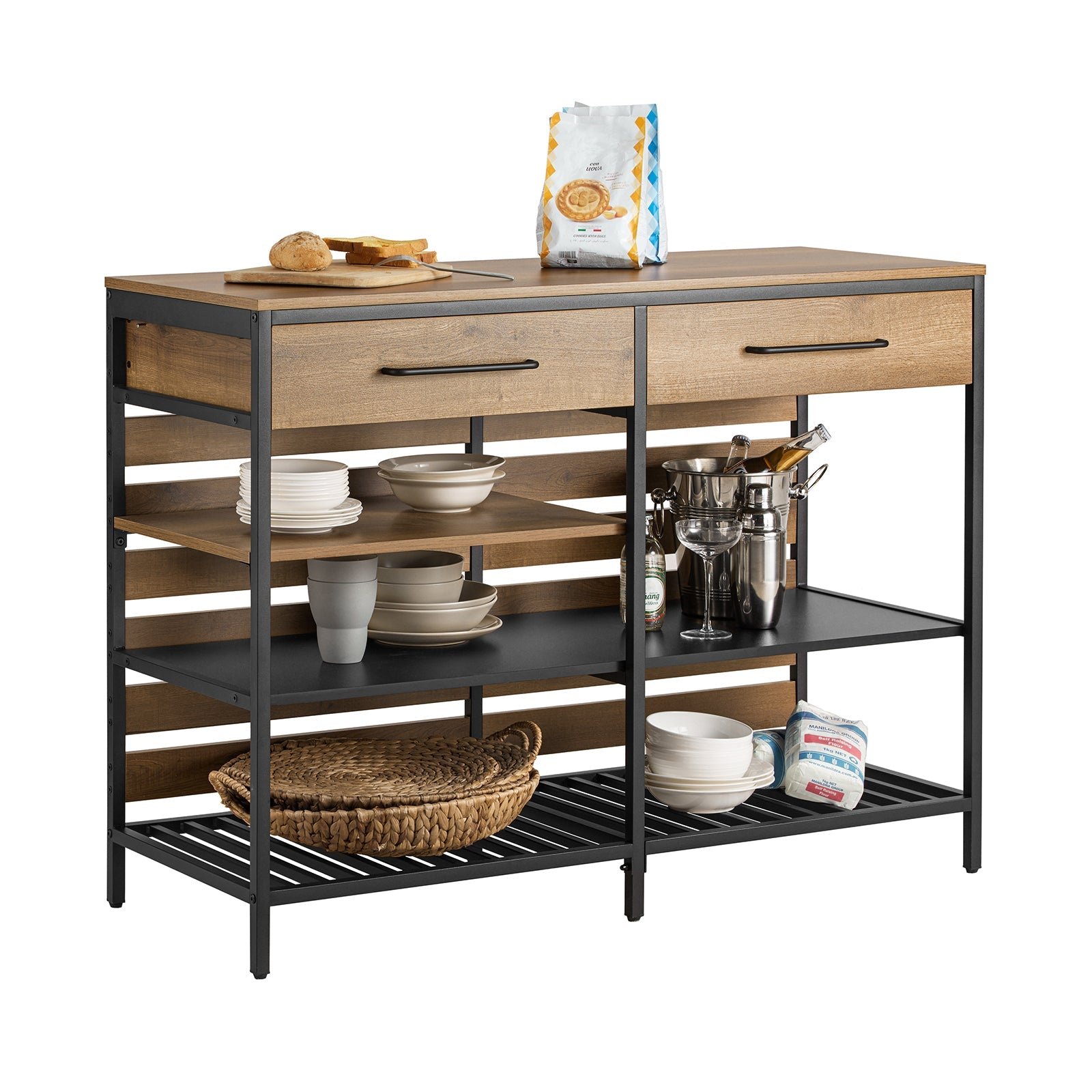 SoBuy FSB85-PF Buffet de Cuisine Industriel avec Étagères Ouvertes, Tiroirs et Range-Bouteilles - Meuble de Rangement avec Espace Micro-Ondes - pour Cuisine, Salon ou Entrée 120x91x45cm Marron