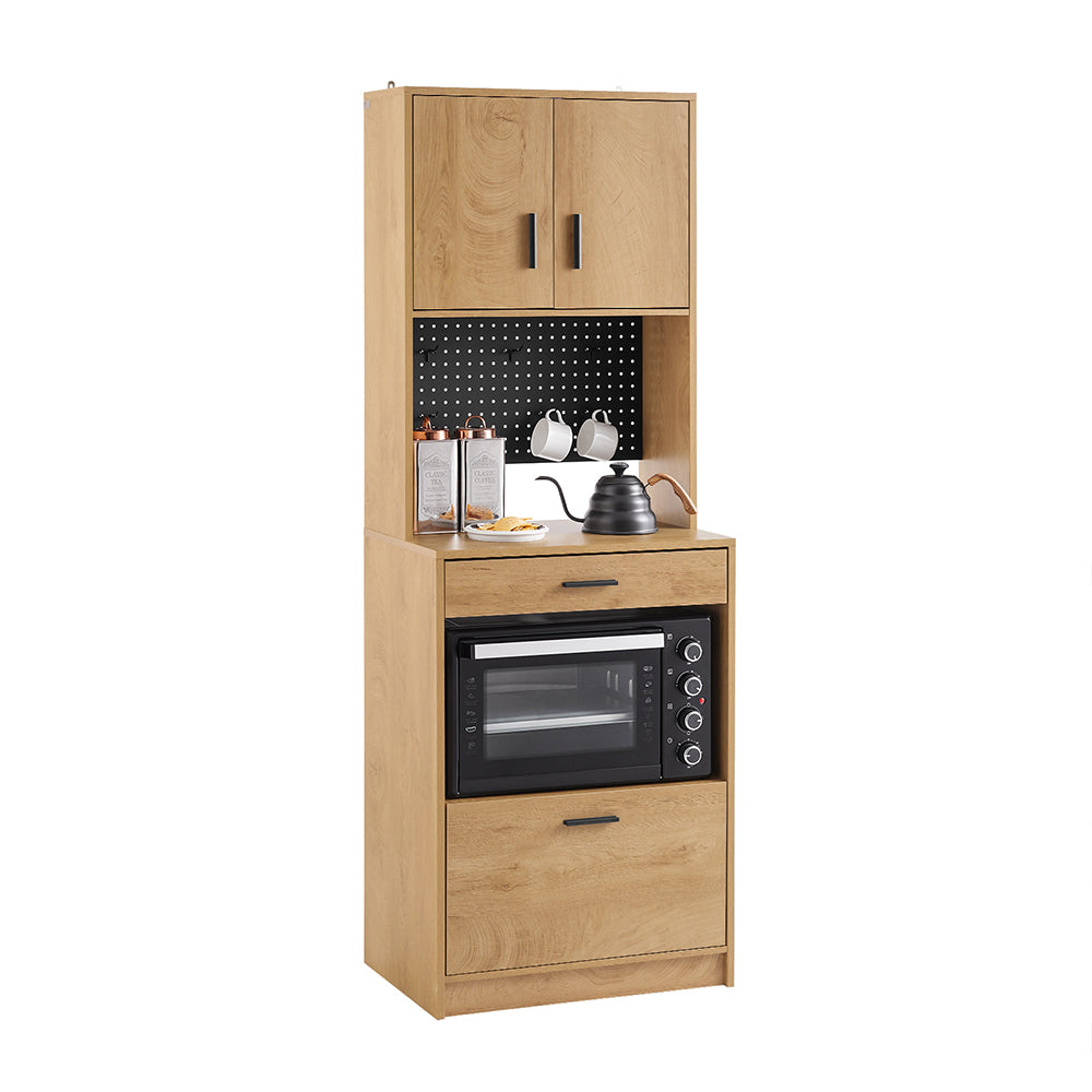 SoBuy FSB98-N Repas et Cuisinière Haut Buffet de Cuisine avec Tiroir, Panneau Perforé et Niche Micro-ondes Meuble Bass Compact Style Chêne Vintage pour, Cellier et Salon 60x170x40cm 