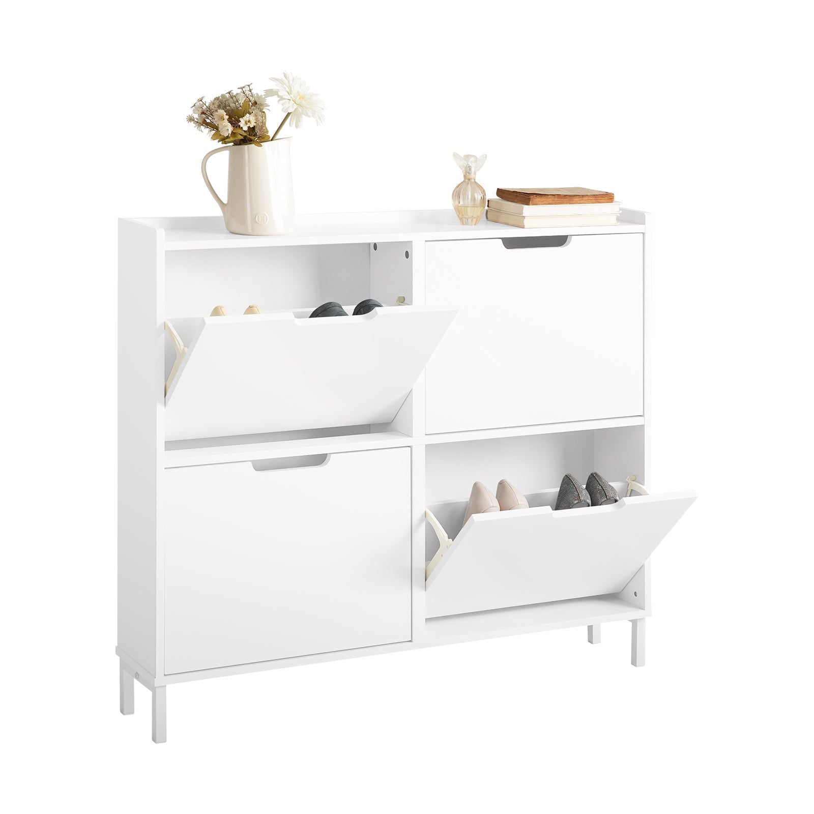SoBuy FSR100-W Meuble Chaussure 4 Abattants Meuble à Chaussures d'Entree Armoire à Chaussures Rangement Chaussures Compact Range Chaussures Étroit pour Petite Entrée ou Couloir L100xP19xH91cm Blanc 