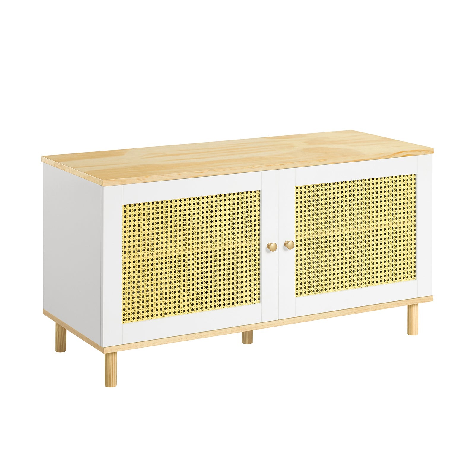 SoBuy FSR103-WN Banc de Rangement, Banc à Chaussures, Meuble d'Entrée, Meuble Bas, Coffre de Rangement avec 2 Portes en Ploy Rotin