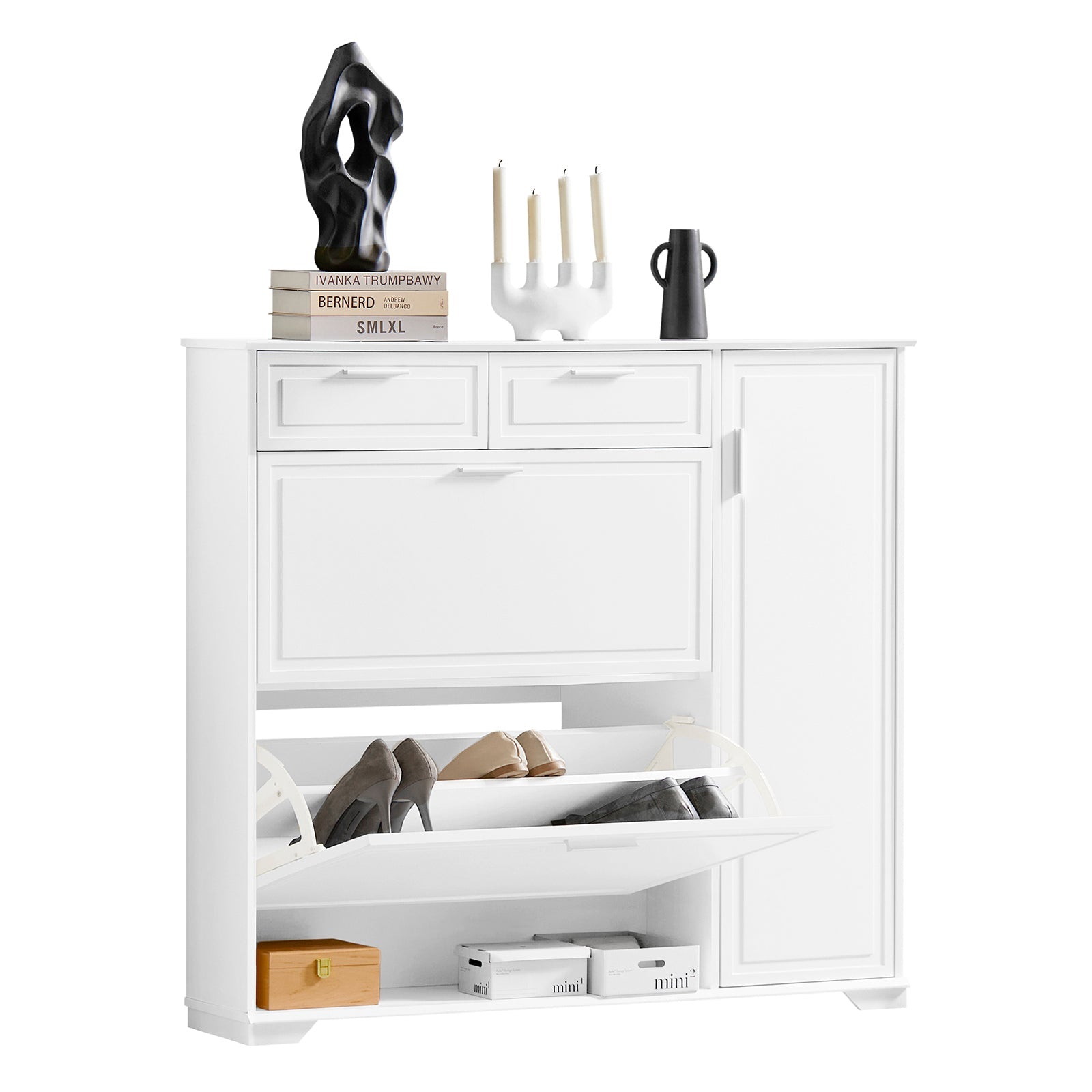 SoBuy FSR104-W Armoire à Chaussures, Commode à Chaussures avec 2 abattants, 2 pneus, 1 porte et 1 compartiment ouvert 