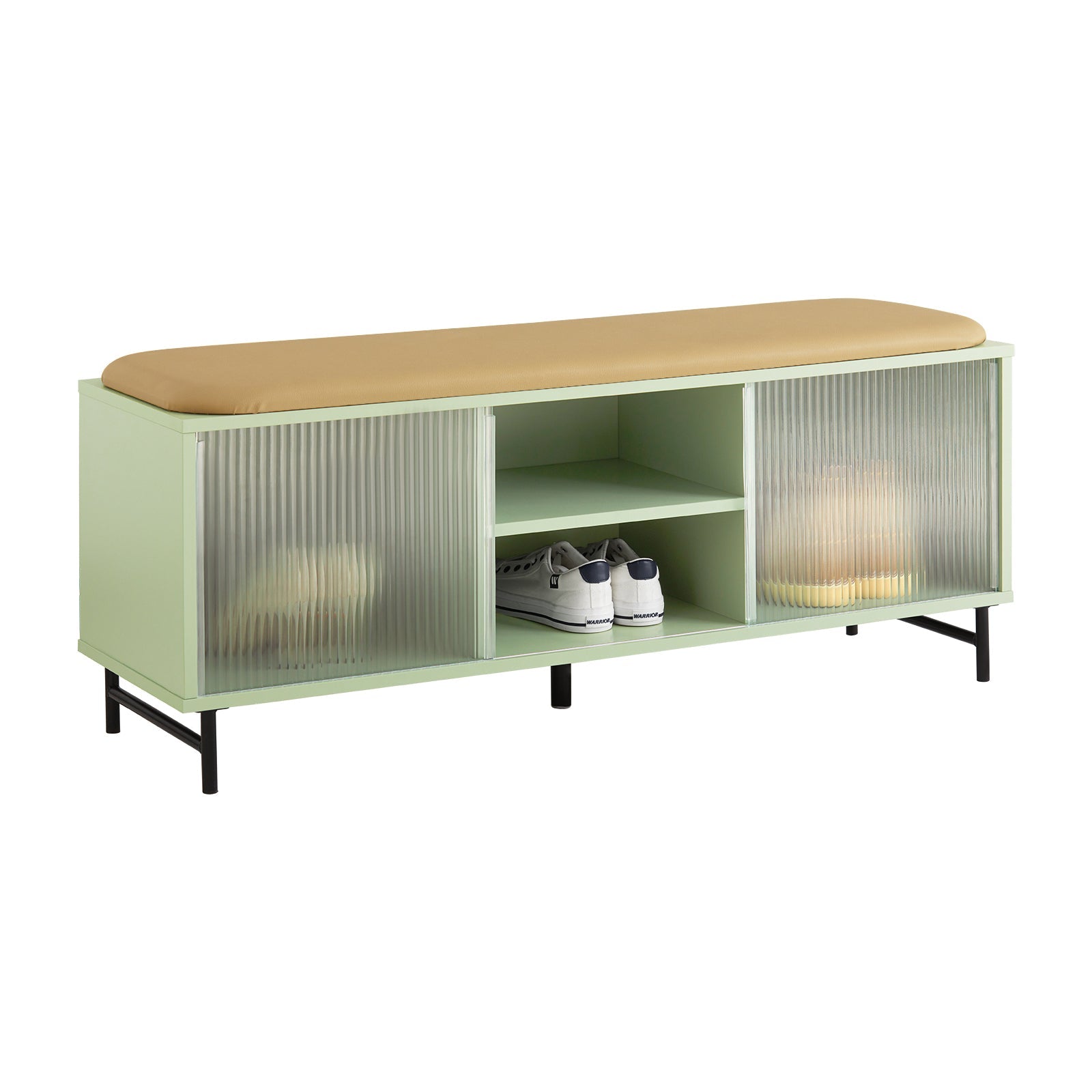 SoBuy FSR115-GR Banc de Rangement à Chaussure, Banquette Rembourré sur Pieds avec 2 Compartiments et 2 Portes Coulissantes en Verre 