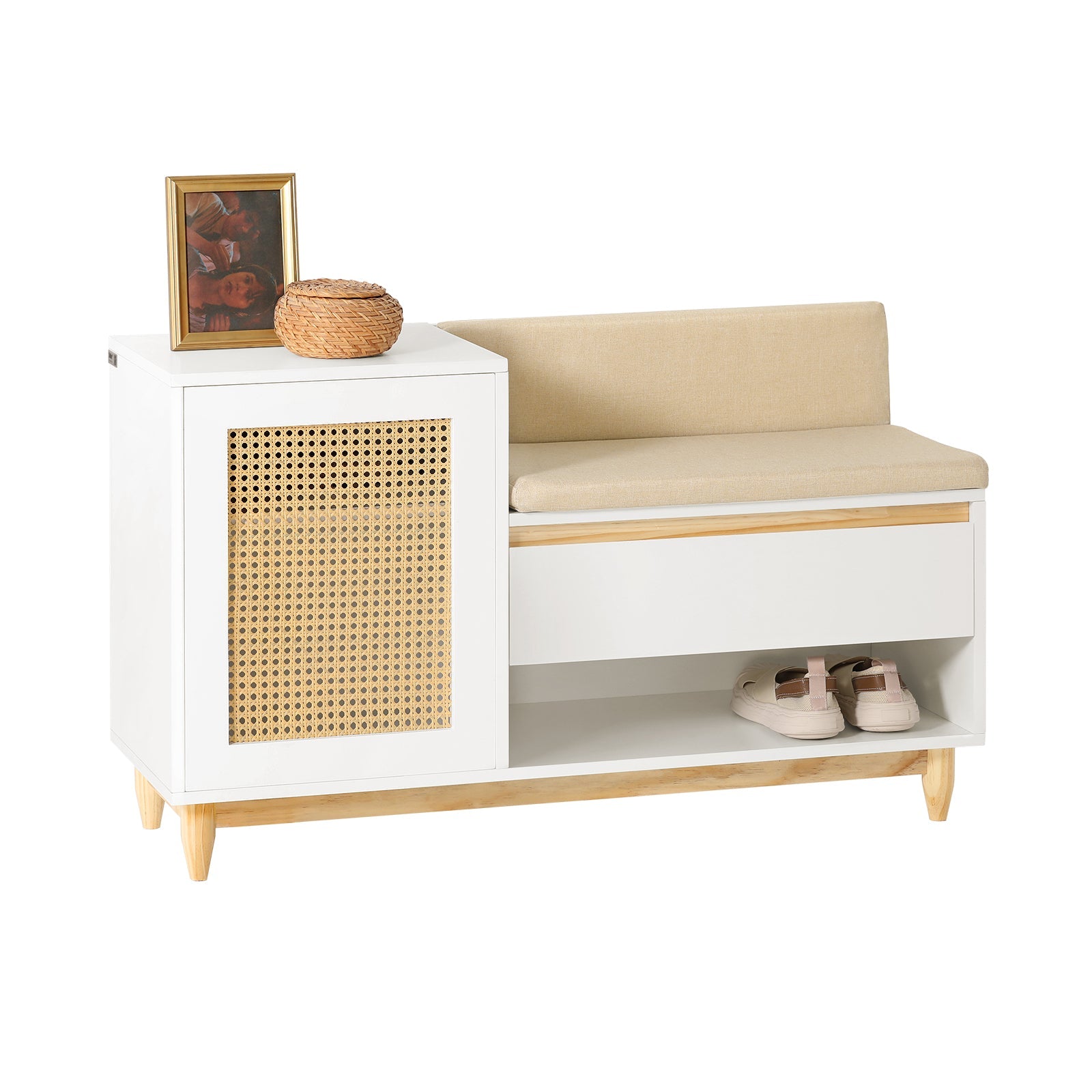 SoBuy FSR128-W Banc de Rangement à Chaussure Meuble d'entrée Porte à Treillis avec Espace de Rangement Armoire à Chaussures avec Coussin et Tiroir sur Pieds, Blanc-Naturel, 100x35x60cm