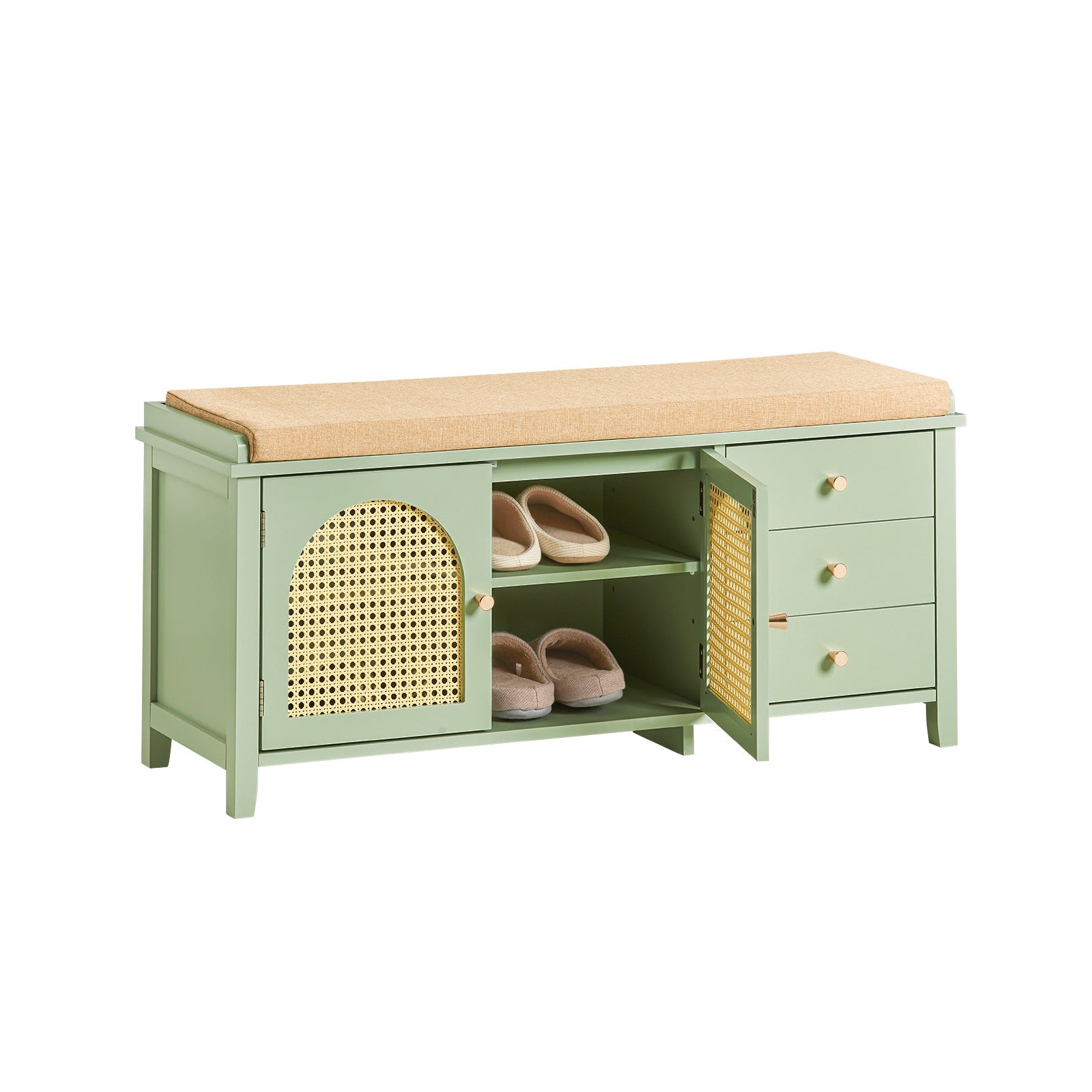 SoBuy FSR129-GR Banc de Rangement, Meuble Banc à Chaussures avec 3 Tiroirs, 1 Cousin Rembourré et 2 Portes Aspect Grille