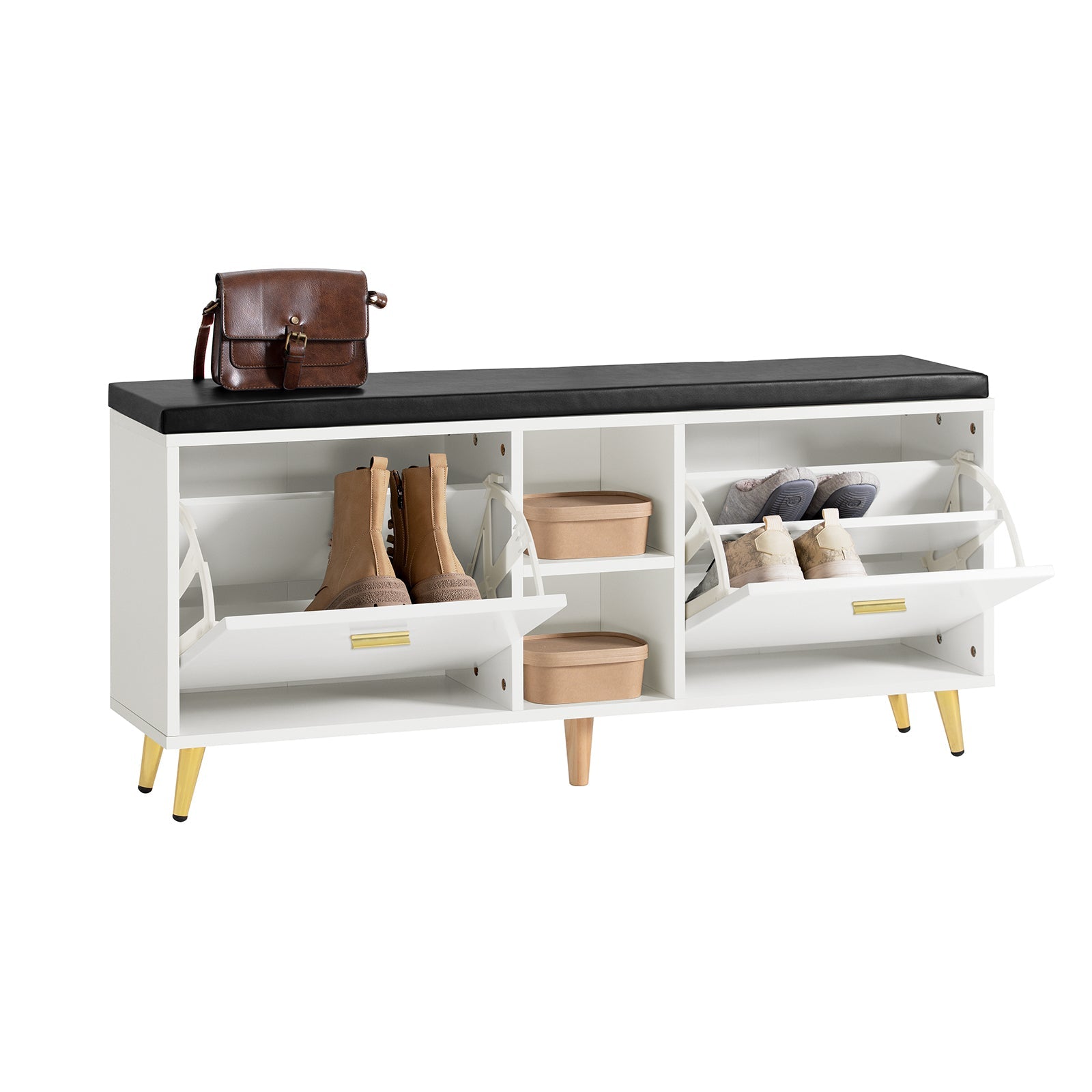 SoBuy FSR132-W Banc à Chaussures, Armoire à Chaussures 2 Abattants avec 2 Compartiments Ouvert et Coussin Assise en PU