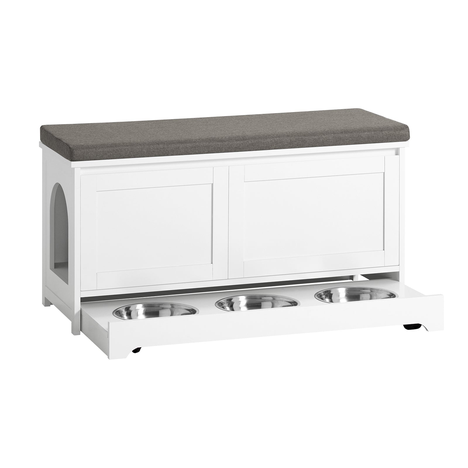 SoBuy FSR136-W Banc de Rangement Banc à Chaussures Avec 2 Portes et 3 Bols Intégrés Maison en Bois pour Chat Avec Accès Latéral
