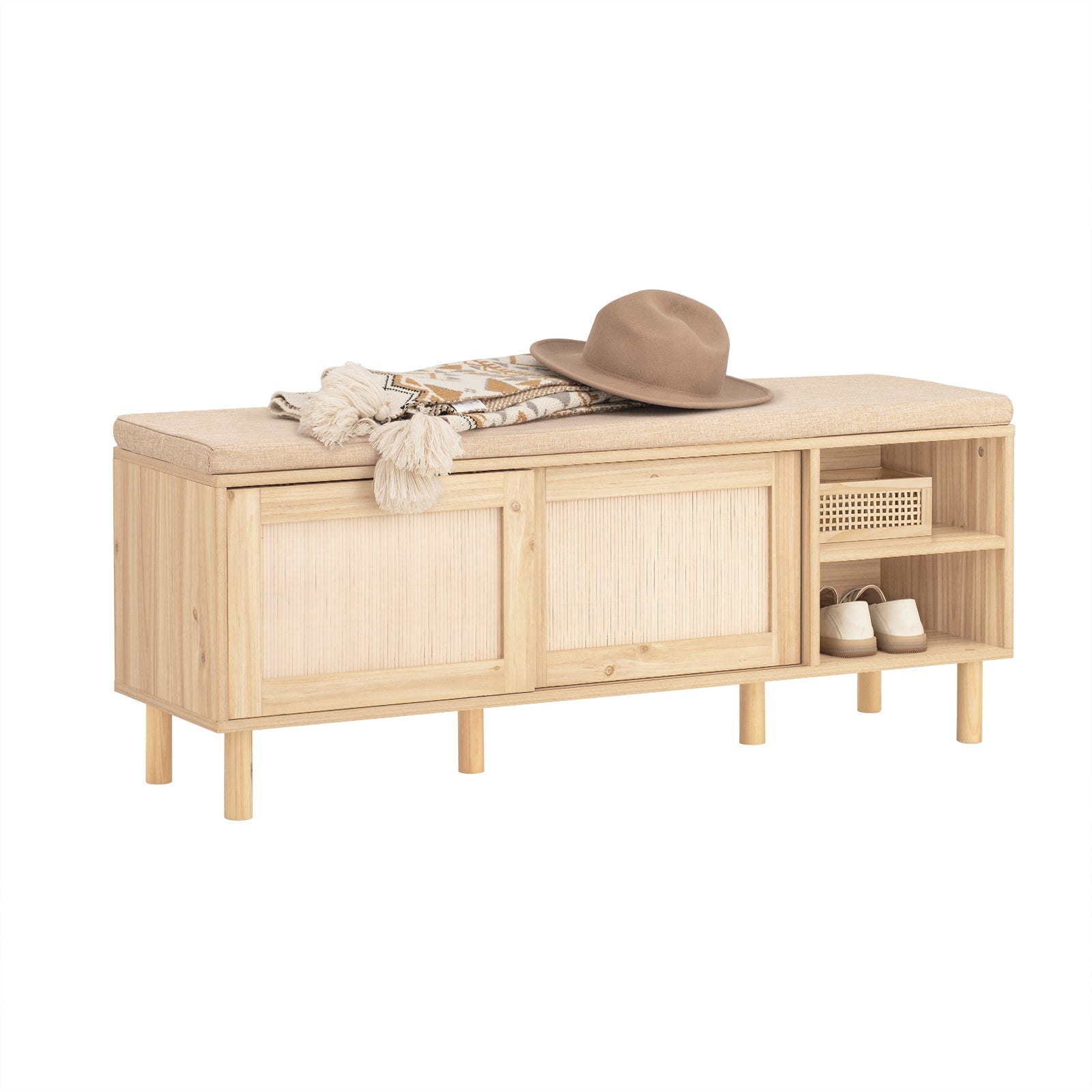 SoBuy FSR163-N Banc à Chaussures Banc de Rangement avec Coussin Rembourré, Étagères et 2 Portes Coulissantes 
