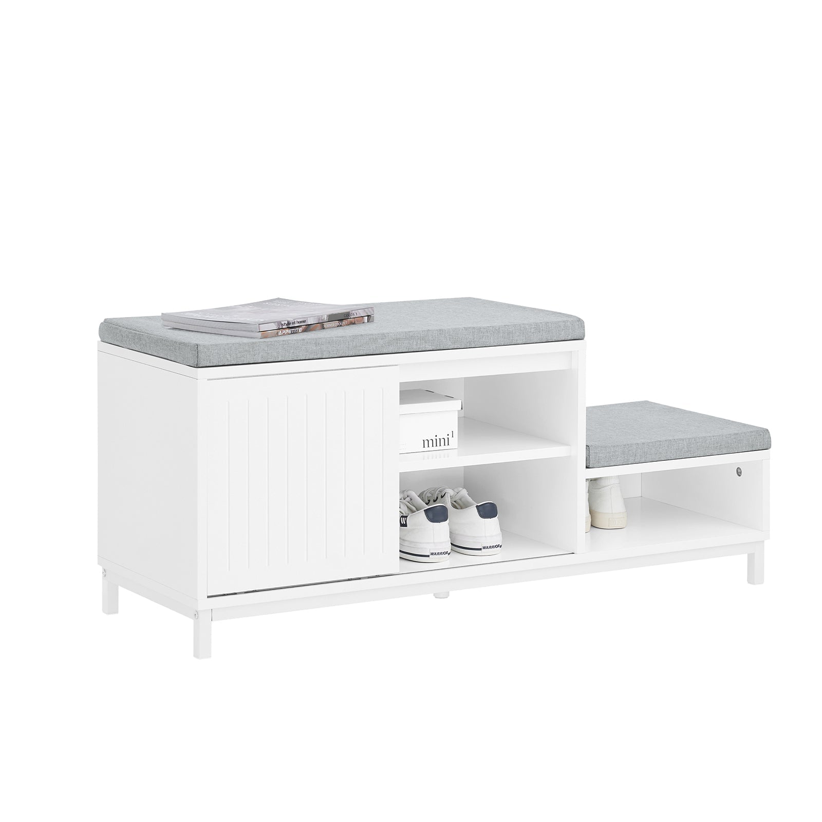 SoBuy FSR166-W Banc de Rangement, Banc à Chaussures avec 2 Coussin Rembourré, avec 1 Porte Coulissante et 3 Compartiments