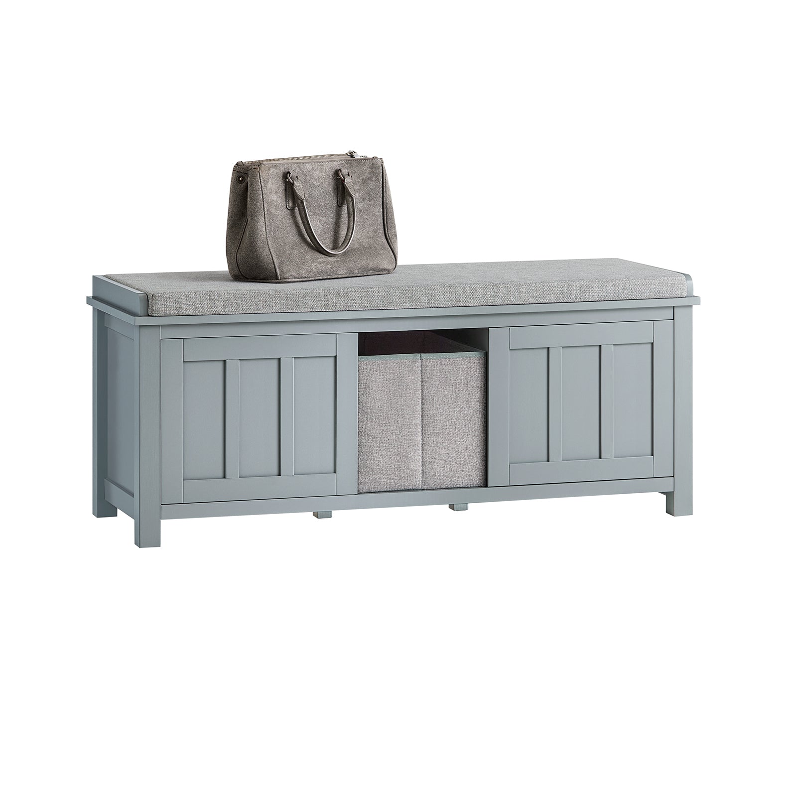 SoBuy FSR173-HG Banc de Rangement à Chaussures, Meuble à Chaussures, Meuble Bas avec 1 Cousin Rembourré, 1 Paniers et 2 Portes