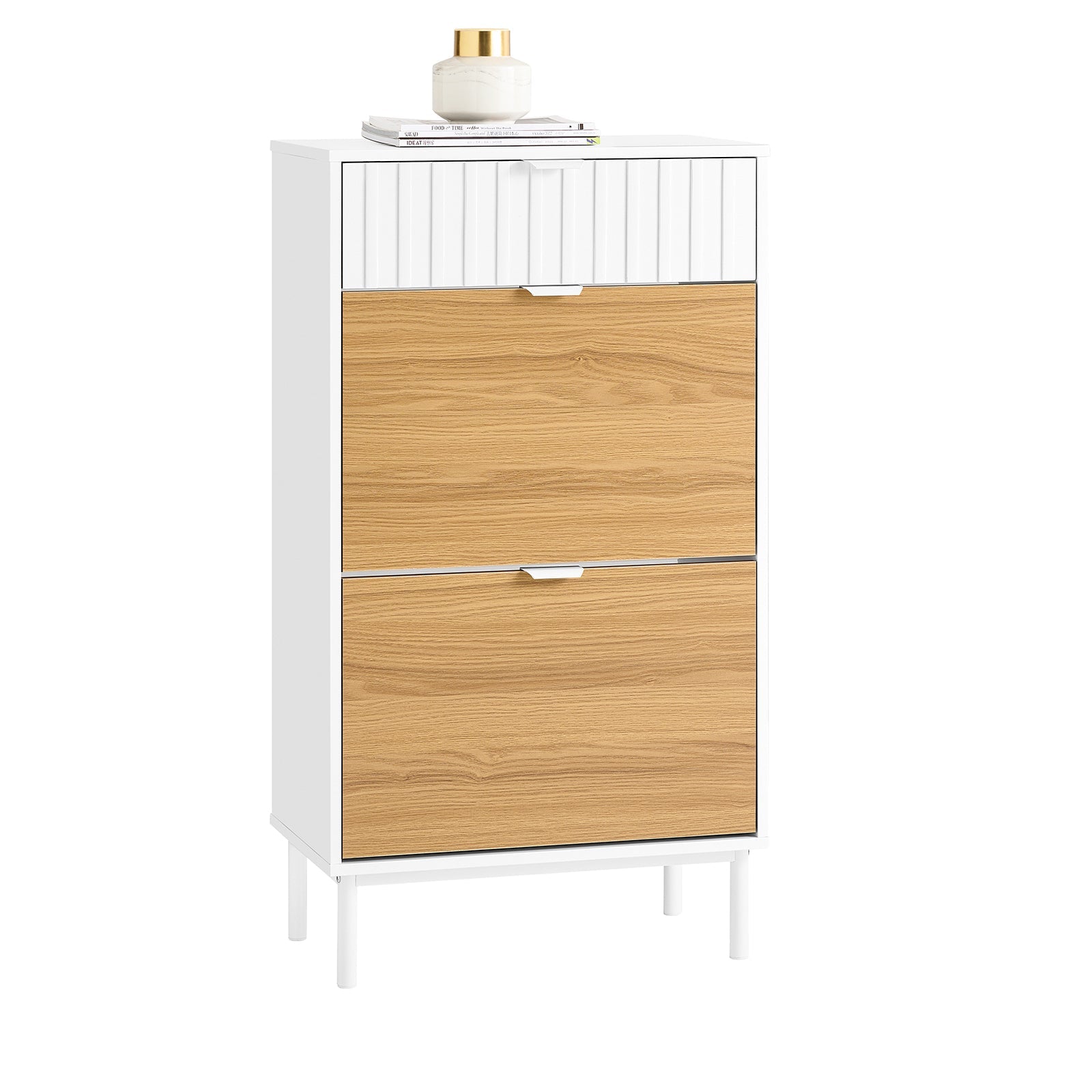 SoBuy FSR174-WN Meuble Chaussure, Rangement Chaussure, Meuble d'Entrée, Commode à Chaussures Avec 2 Abattants et 1 Tiroir