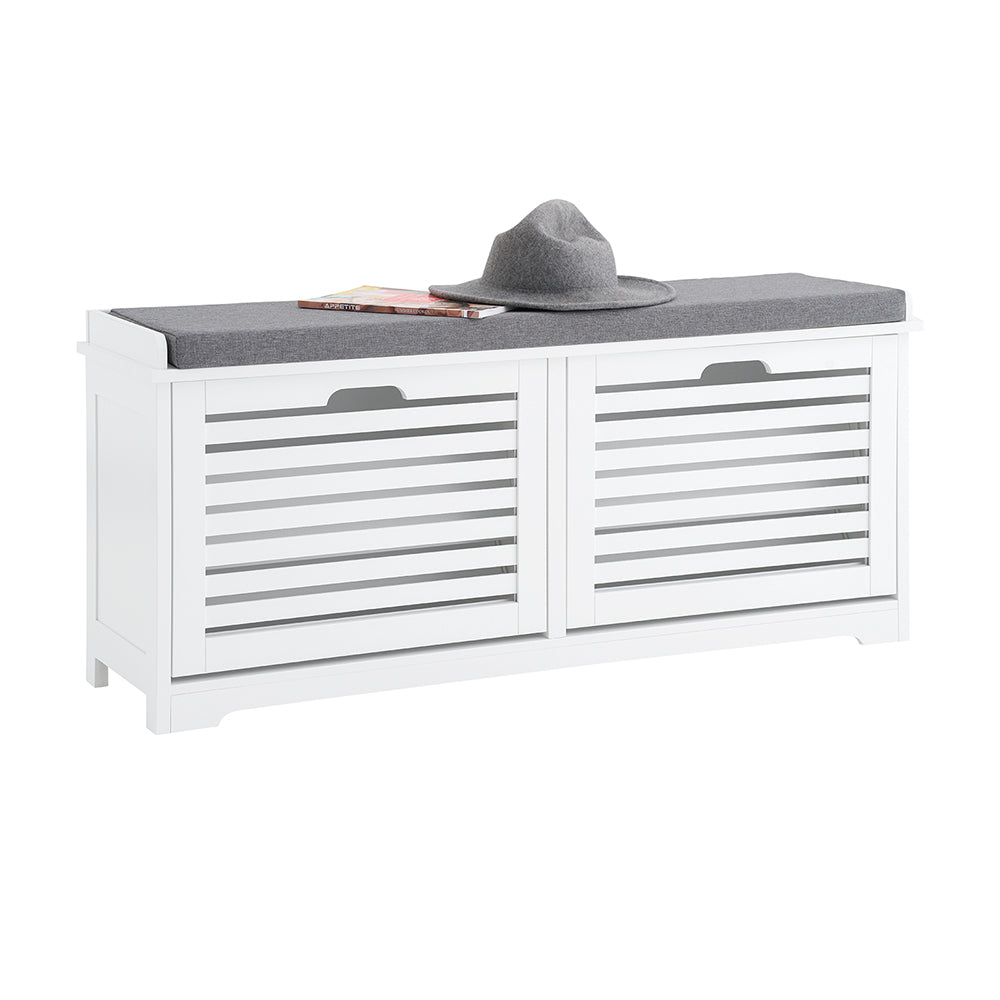 SoBuy FSR184-W Banc Chaussures, Rangement pour Chaussures, Armoire à Chaussures, Meuble d'entrée, Coffre Avec 2 Abattants et 1 Coussin