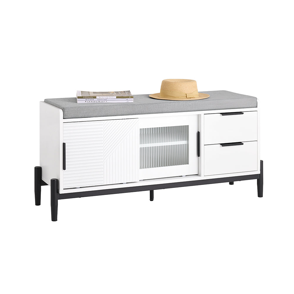 SoBuy FSR187-W Banc de Rangement avec Coussin Rembourré, Meuble Bas Entrée, Commode à Chaussure, Banquette avec 2 Portes Coulissantes et 2 Tiroirs, Pied en Métal