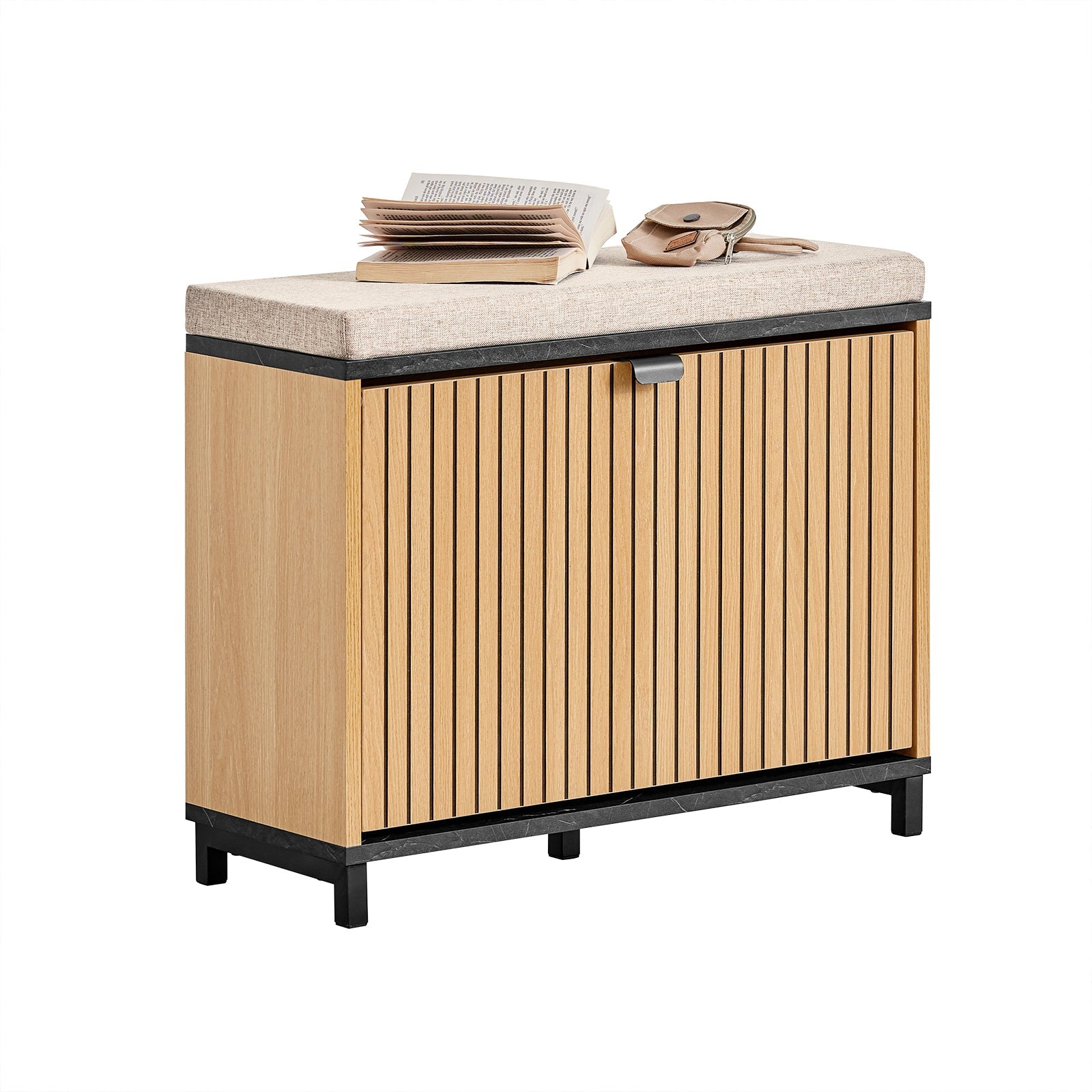 SoBuy FSR201-N Banc à Chaussures Meuble Chaussure Banc Entrée avec Assise Rembourrée Confortable, Rangement Chaussures Rabattable – Noir et Bois Clair, Supporte 113kg, 60x24x50cm 