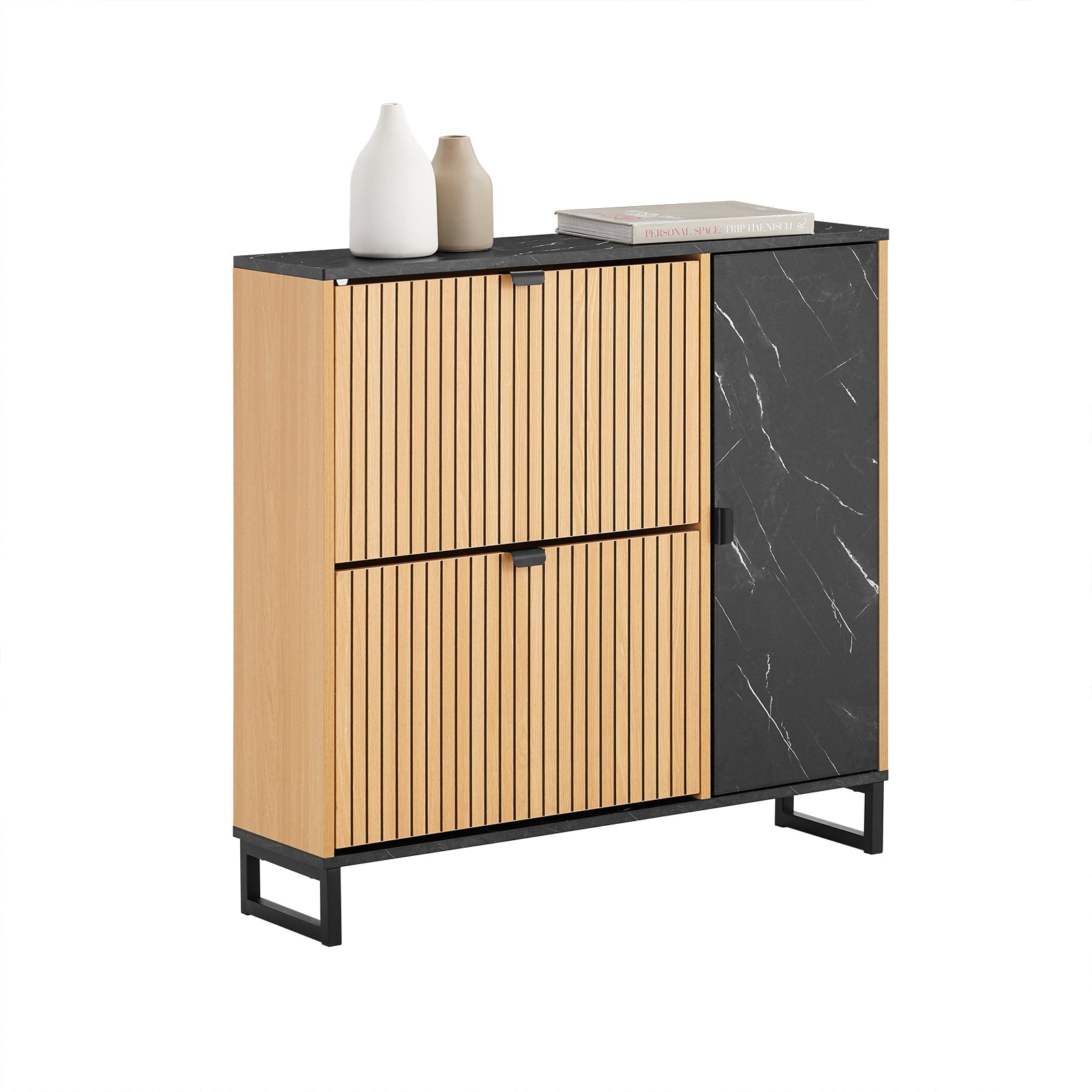 SoBuy FSR203-N Meuble Chaussures Étroit pour Entrée– Armoire à Chaussures avec 2 Abattantes et Porte Latérale Meuble Rangement Chaussure – Design Nordique Compact Noir Bois Clair 90x24x88cm