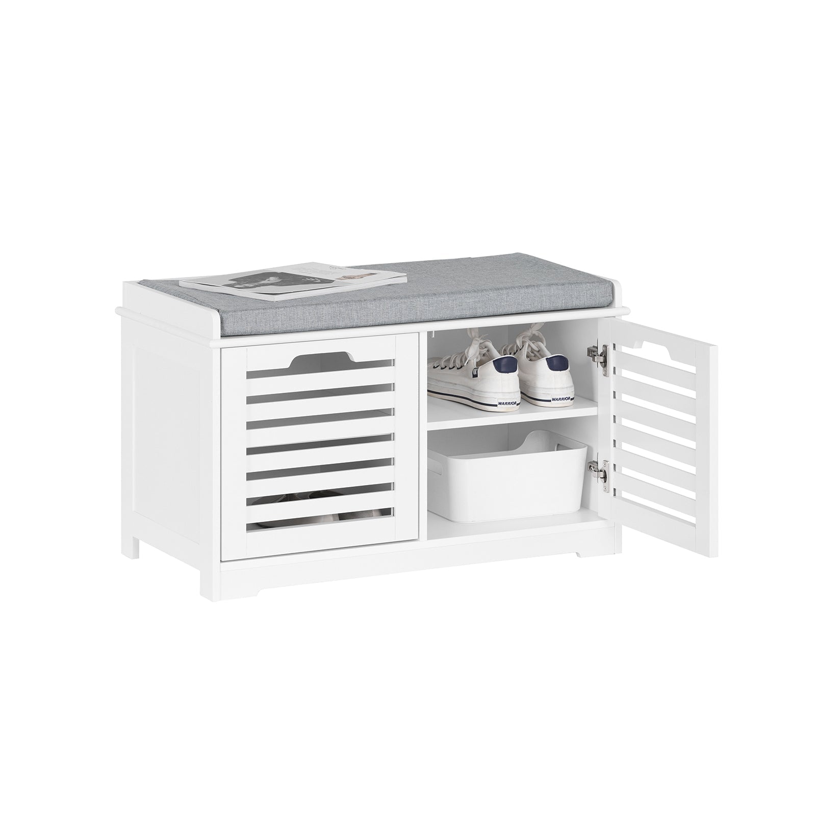 SoBuy FSR23-II-W Banc à Chaussures, Meuble Bas Entrée avec Coussin rembourré, 2 Portes et 4 Compartiments Ouverts