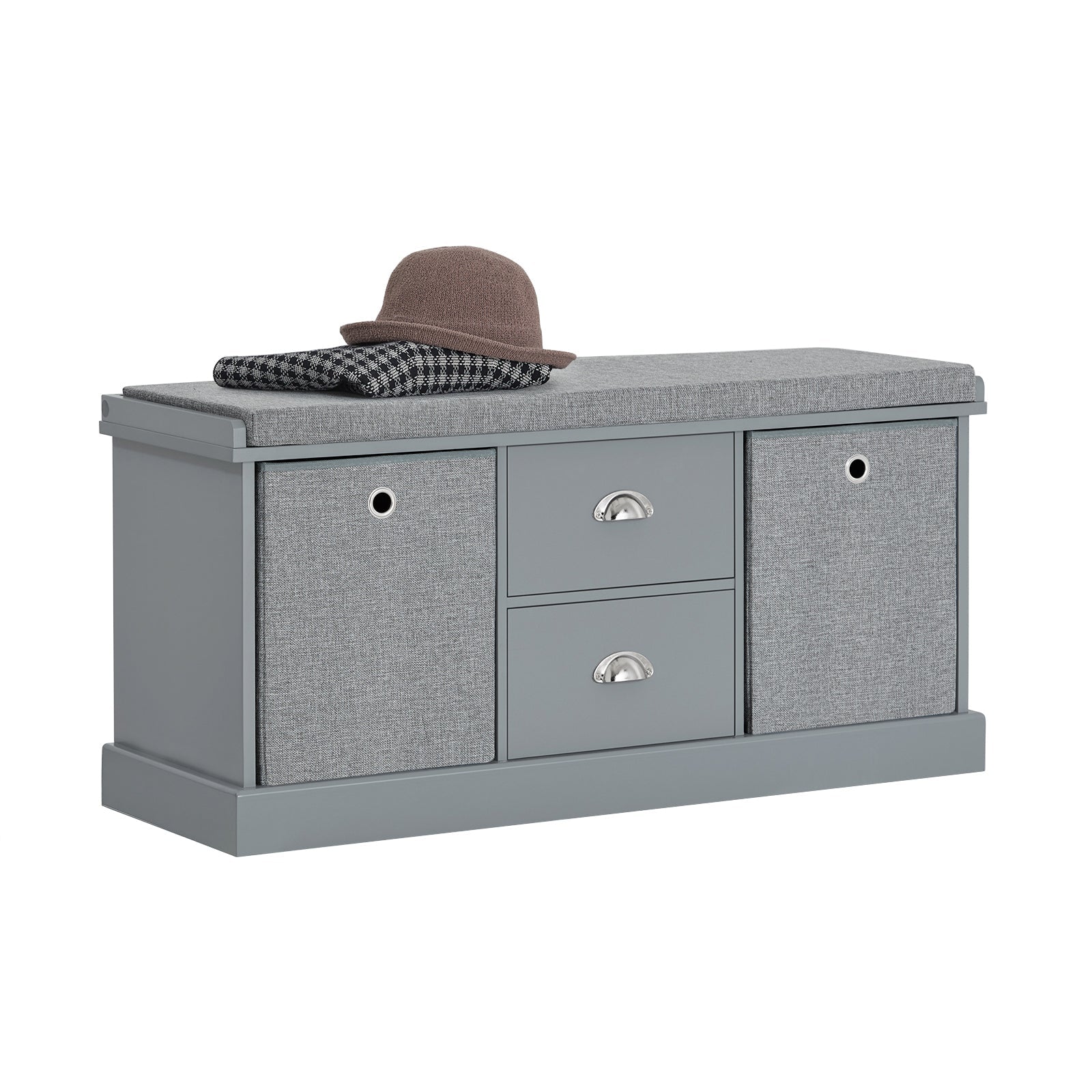 SoBuy FSR66-DG Banc de Rangement Avec Coussin Rembourré, 2 Tiroirs et 2 Paniers Meuble Basse Entrée Commode à Chaussure Banquette Confortable