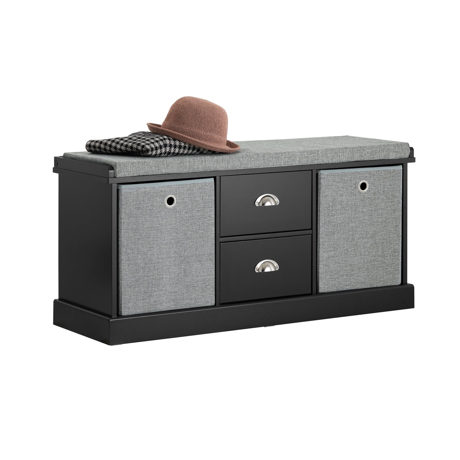 SoBuy FSR66-SCH Banc de Rangement Avec Coussin Rembourré, 2 Tiroirs et 2 Paniers Meuble Basse Entrée Commode à Chaussure Banquette