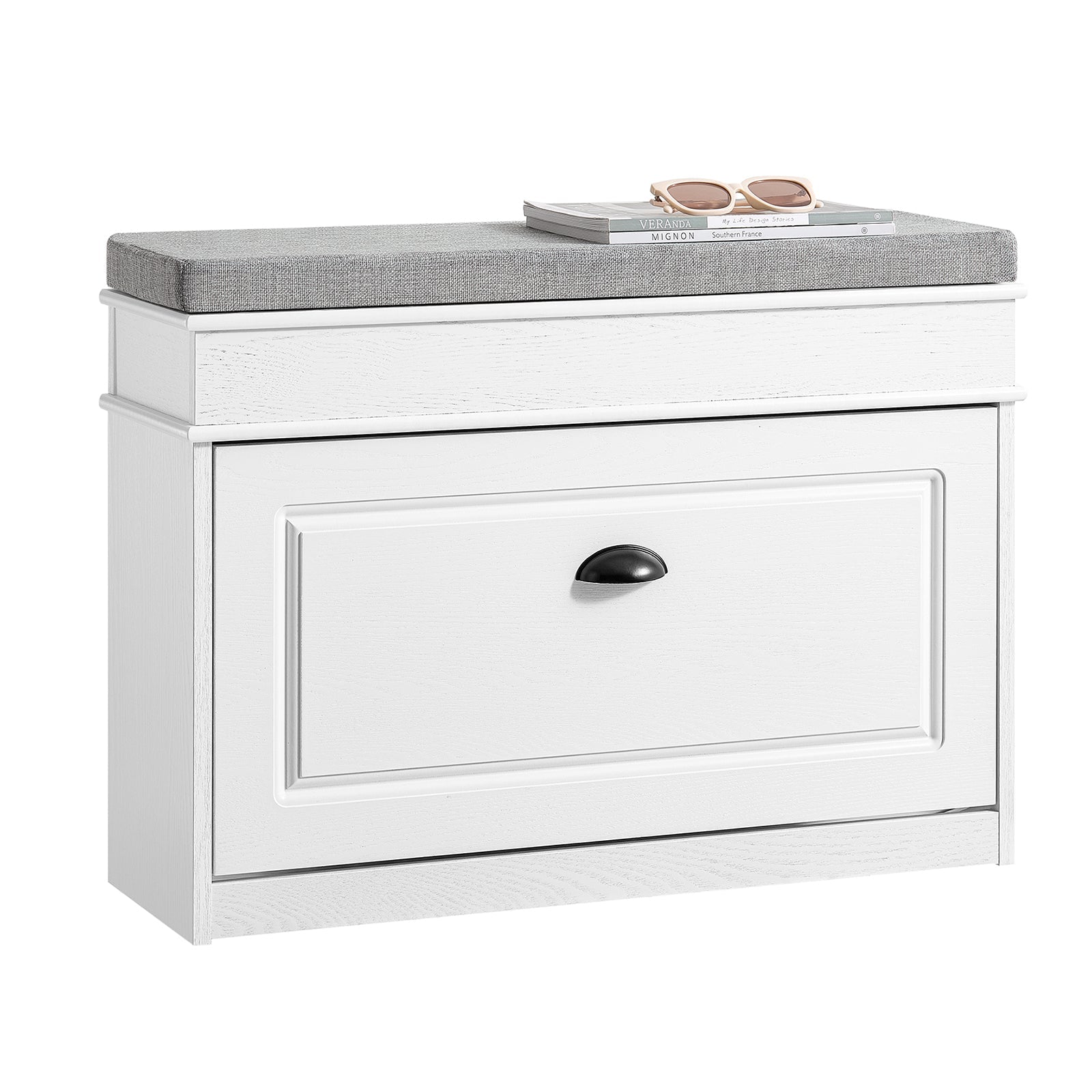 SoBuy FSR82-L-WG Meubly Chaussure Banc d'Entrée - Banc à Chaussures Avec Rangement à Abattant et Coussin Rangement Chaussures pour Couloir, Salon 75x24x51cm, Capacité 180kg, Effet Bois Vieilli Blanc 
