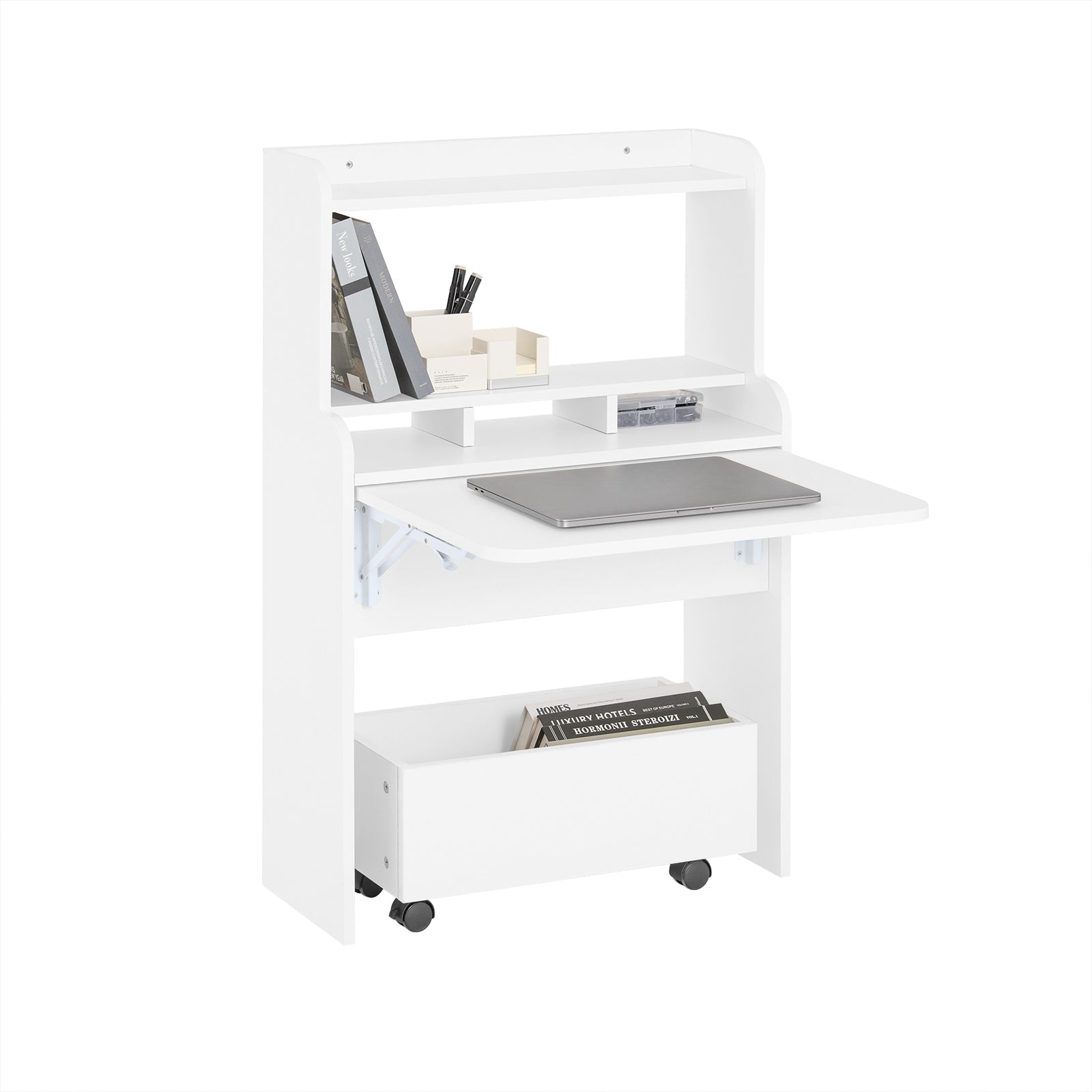 SoBuy FWT105-W Bureau Pliable, Bureau Multifonctionnel avec Etagères de Rangement et 1 Boîte de Rangement à Roulette