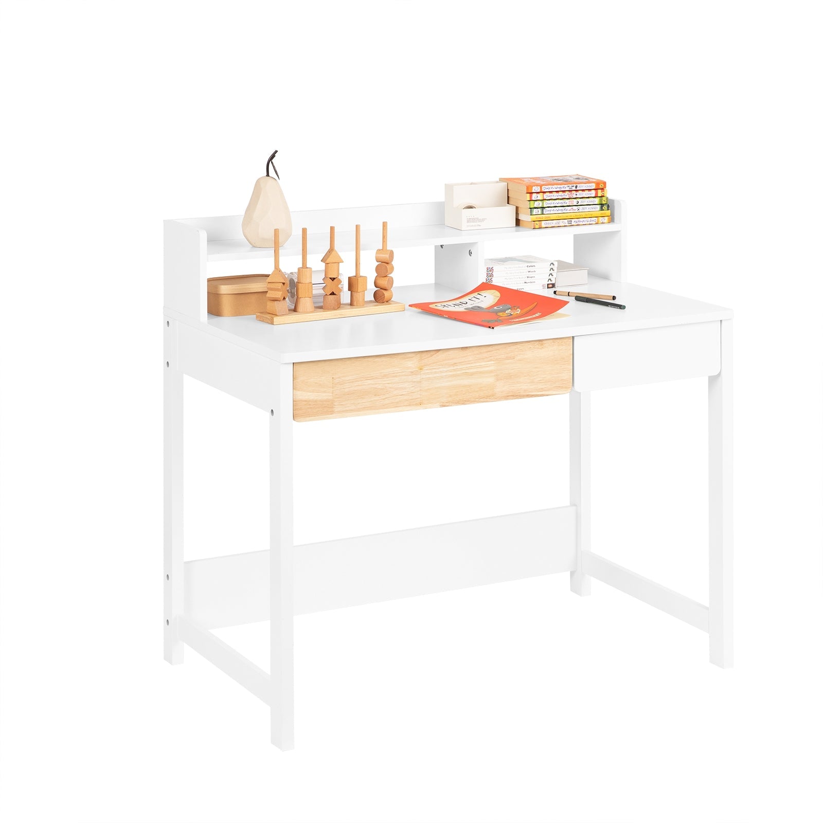 SoBuy FWT106-W Bureau Informatique, Bureau d'Ordinateur,Table d'Étude à Domicile, Table à Travaille avec 1 Étagère et 2 Tiroirs
