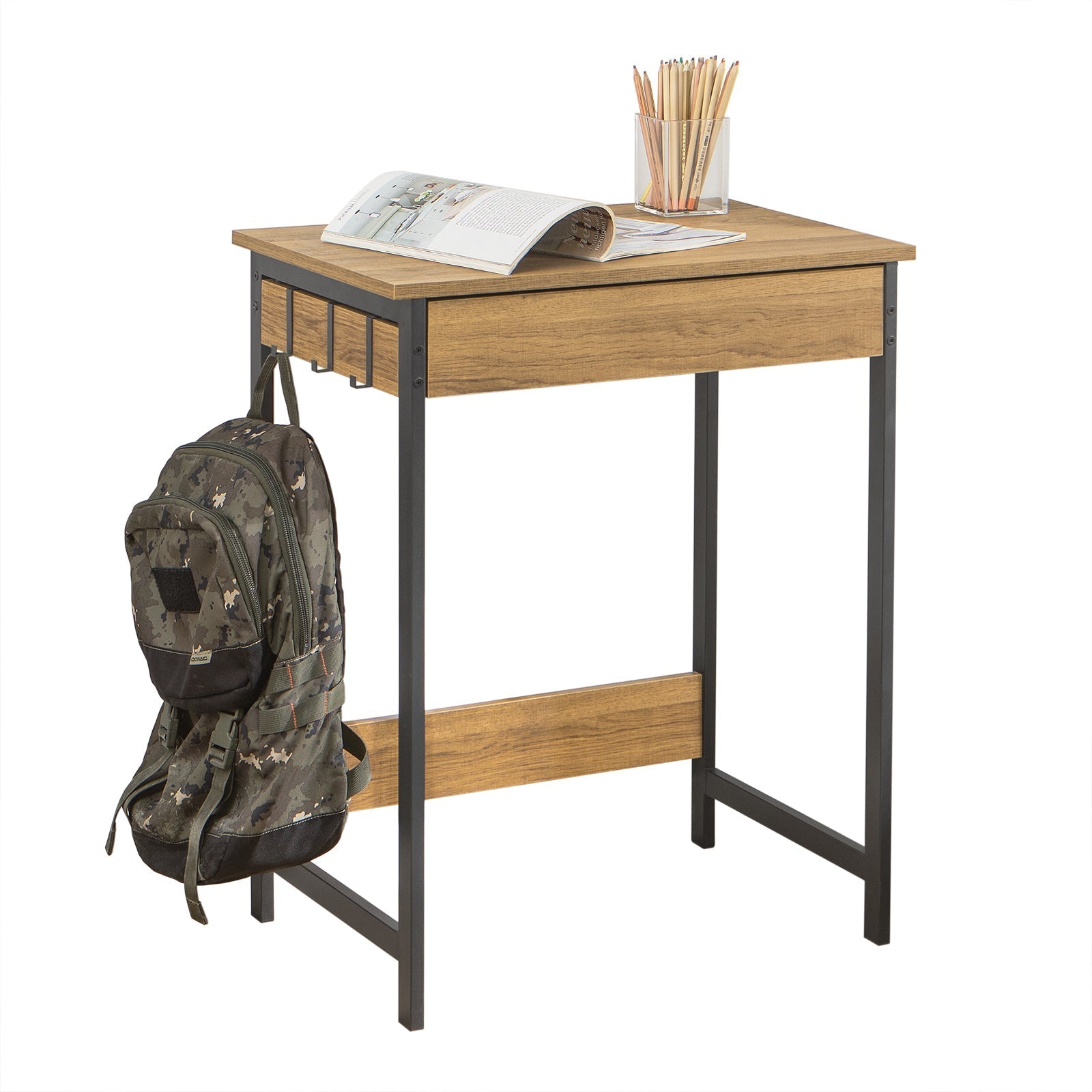 SoBuy FWT43-N Bureau Informatique Table de Bureau Table d'Étude Secrétaire avec 1 tiroir et 3 Crochets Cadre en Métal