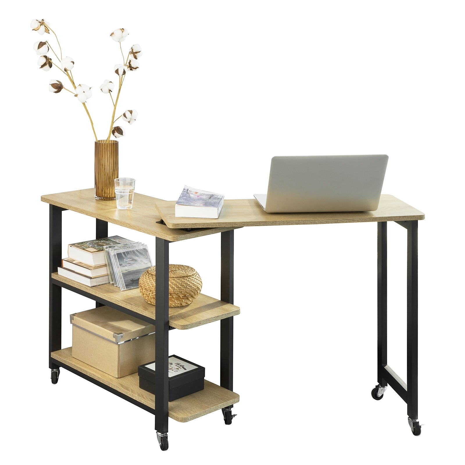 SoBuy FWT83-N Table d'appoint Rotative,Table Console Mobile avec 2 étagères de Rangement et 6 roulettes
