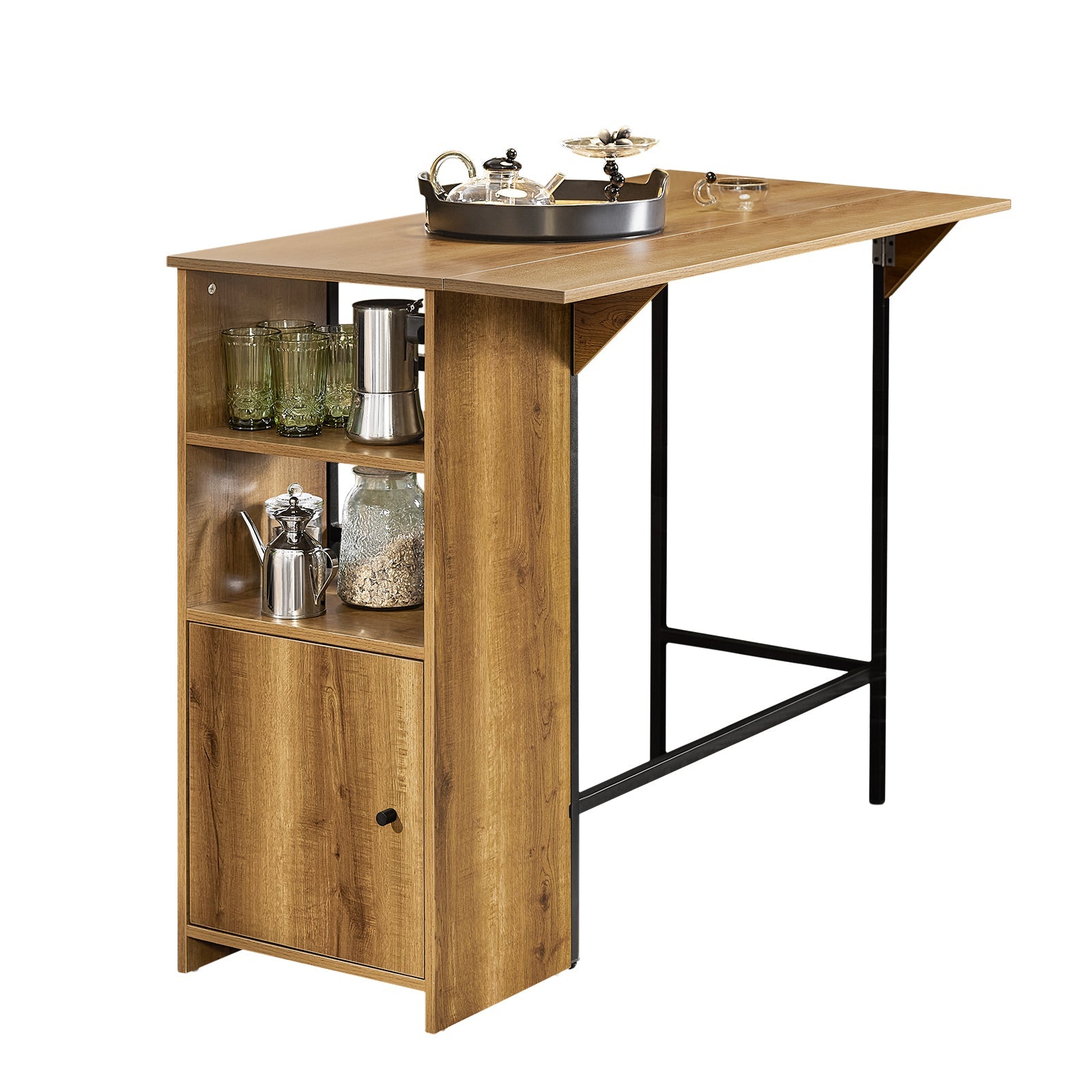 SoBuy FWT98-PF Table de Bar, Table Haute, Table de Cuisine, Table à Manger, Mange-Debout avec 1 Plateau Rabattable, 2 Etagères et 1 Porte