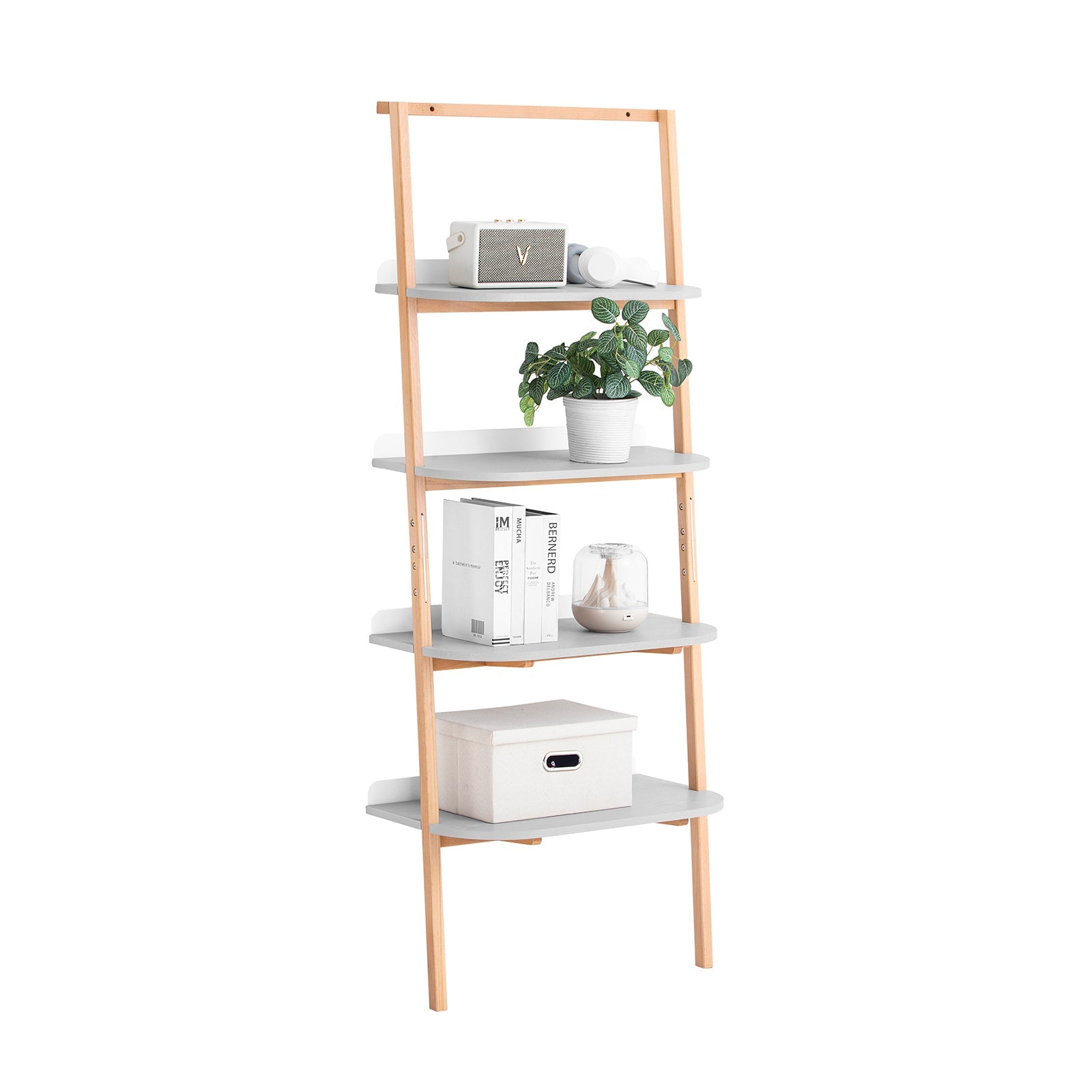 SoBuy HSTR02-HG Étagère Échelle, Bibliothèque à 4 Niveaux, Étagère de Rangement, Meuble de Rangement sur Pieds, Bibliothèque Murale, pour Bureau, Salon, Chambre, Cuisine, 65x39x169cm, Gris