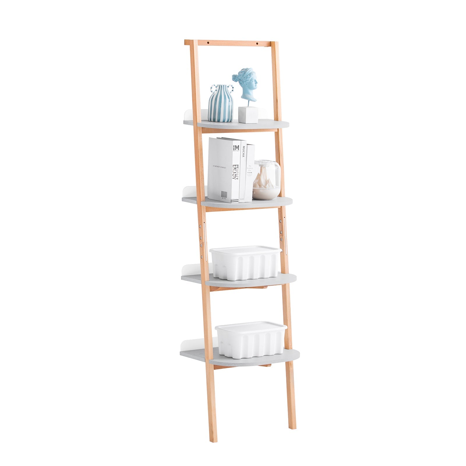 SoBuy HSTR02-K-HG Étagère Échelle, Bibliothèque à 4 Niveaux, Étagère de Rangement, Meuble de Rangement sur Pieds, Bibliothèque Murale, pour Bureau, Salon, Chambre, Cuisine, 44x39x169cm, Gris