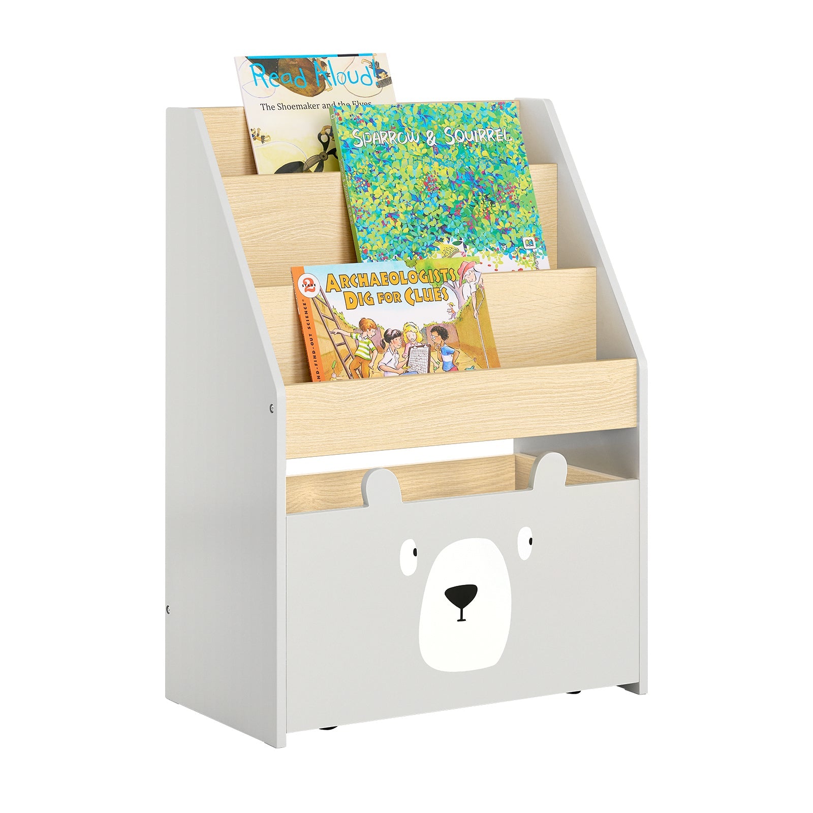 SoBuy KMB104-HG Bibliothèque Enfant, Étagère de Rangement Jouets pour Enfants, Porte-revues Avec Boître Roulante et 3 Étagères