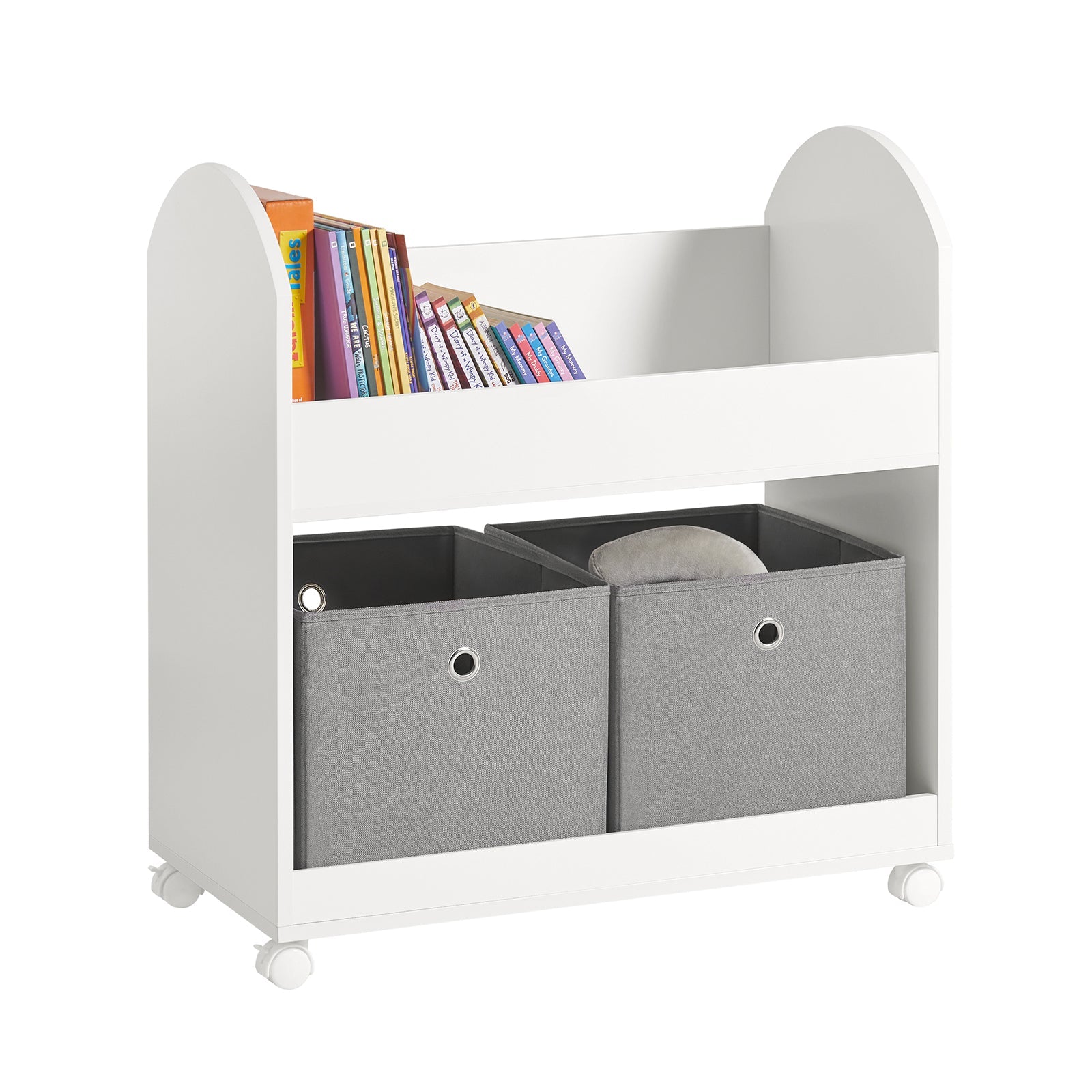 SoBuy KMB53-W Étagère de Rangement Roulantes, Bibliothèque pour Enfants, Étagère à Livres, Armoire à Jouets avec 1 Étagère, 2 paniers et 4 roulettes |Prévente 