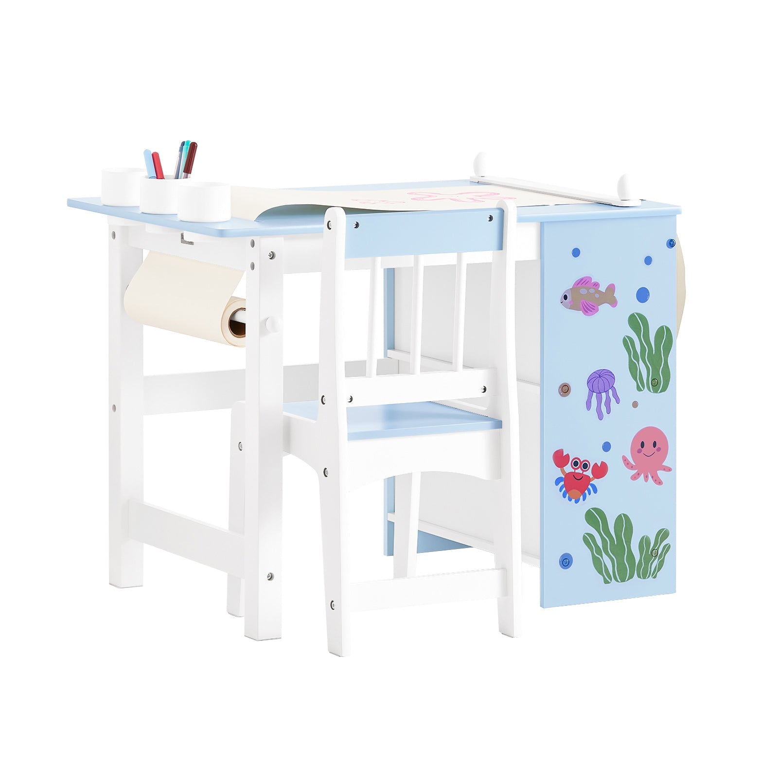 SoBuy KMB60-B Ensemble Table et Chaise pour Enfants Ensemble de 2 pièces avec Autocollants DIY Bureau pour Enfants avec 3 Porte-Crayons Bleu et Blanc