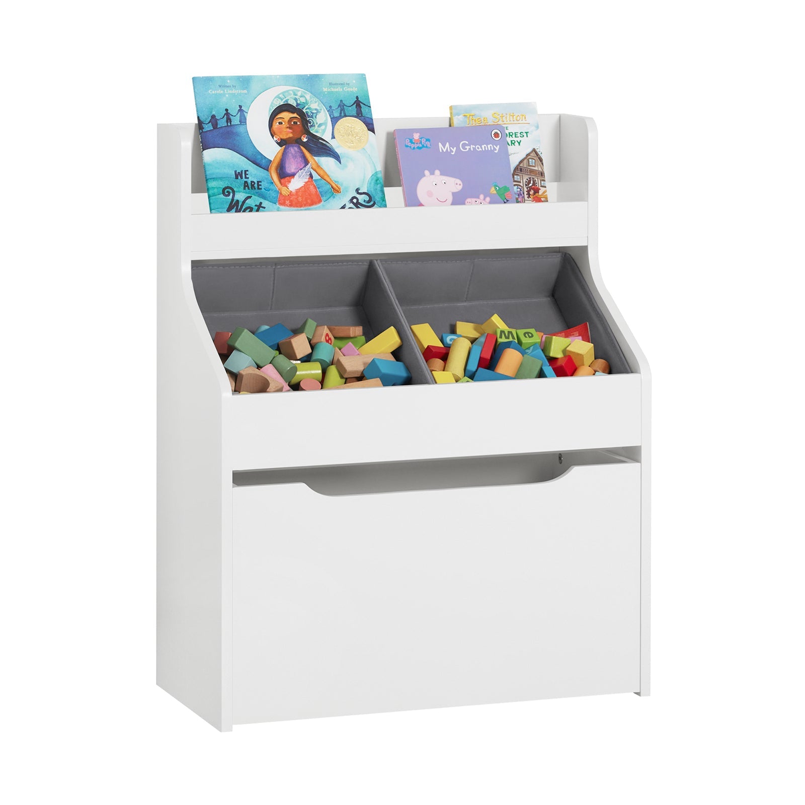 SoBuy KMB71-W Étagère de Rangement Organisateur Jouets et Livres, Bibliothèque Avec 2 Paniers et 1 Compartiment à Roulettes