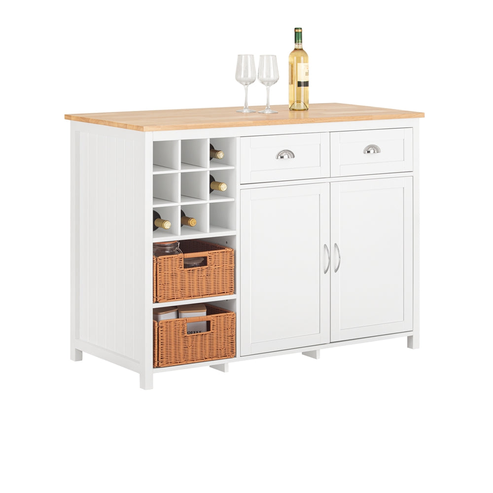 SoBuy KNL05-W Central de Cuisine, Placard de Cuisine, Buffet de Rangement avec Porte-Bouteille pour 9 Bouteilles, 2 Tiroirs, 2 Portes et 2 Paniers en Rotin – 120x56x90 cm 