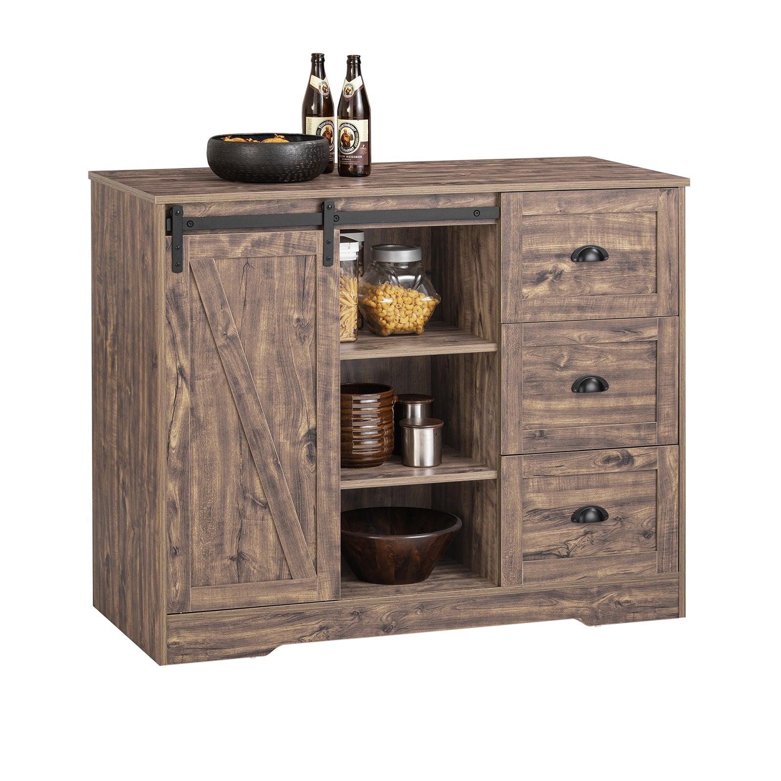 SoBuy KNL08-N Central Mange-Debout Placard de Cuisine Buffet de Rangement Multi-rangements avec 1 Porte de Grange, Porte-Bouteilles, 3 Tiroirs