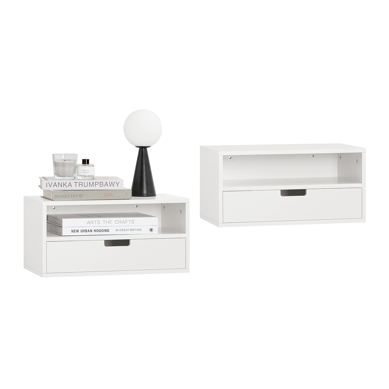 SoBuy NKD03-Wx2 Lot de 2 Table de Chevet Murale, Table de Nuit Flottante, Armoire Murale, Étagère Murale avec 1 Tiroir
