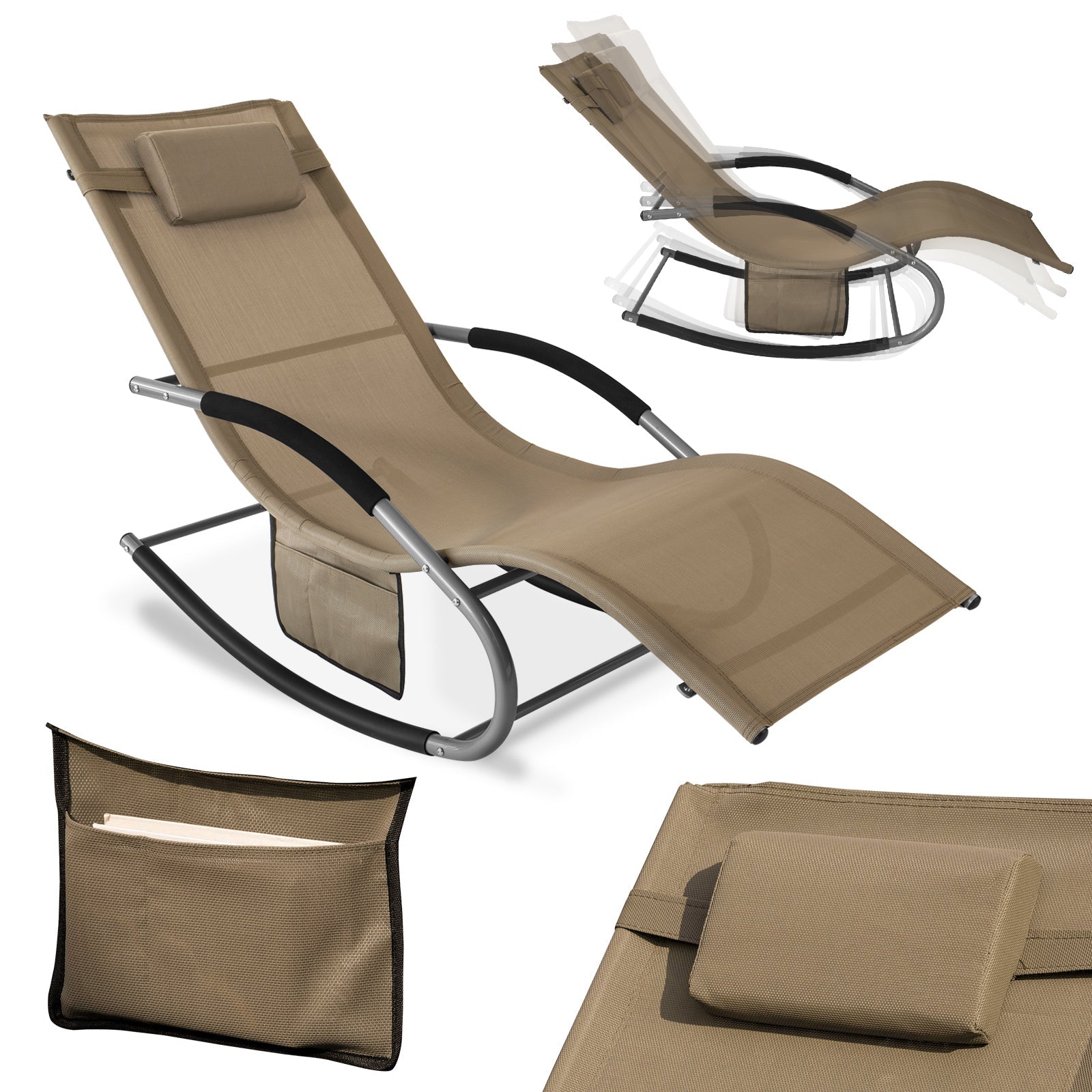 SoBuy OGS28-BR Chaise Longue Transat de Jardin Bascule avec Appui-tête réglable et Pochette latérale