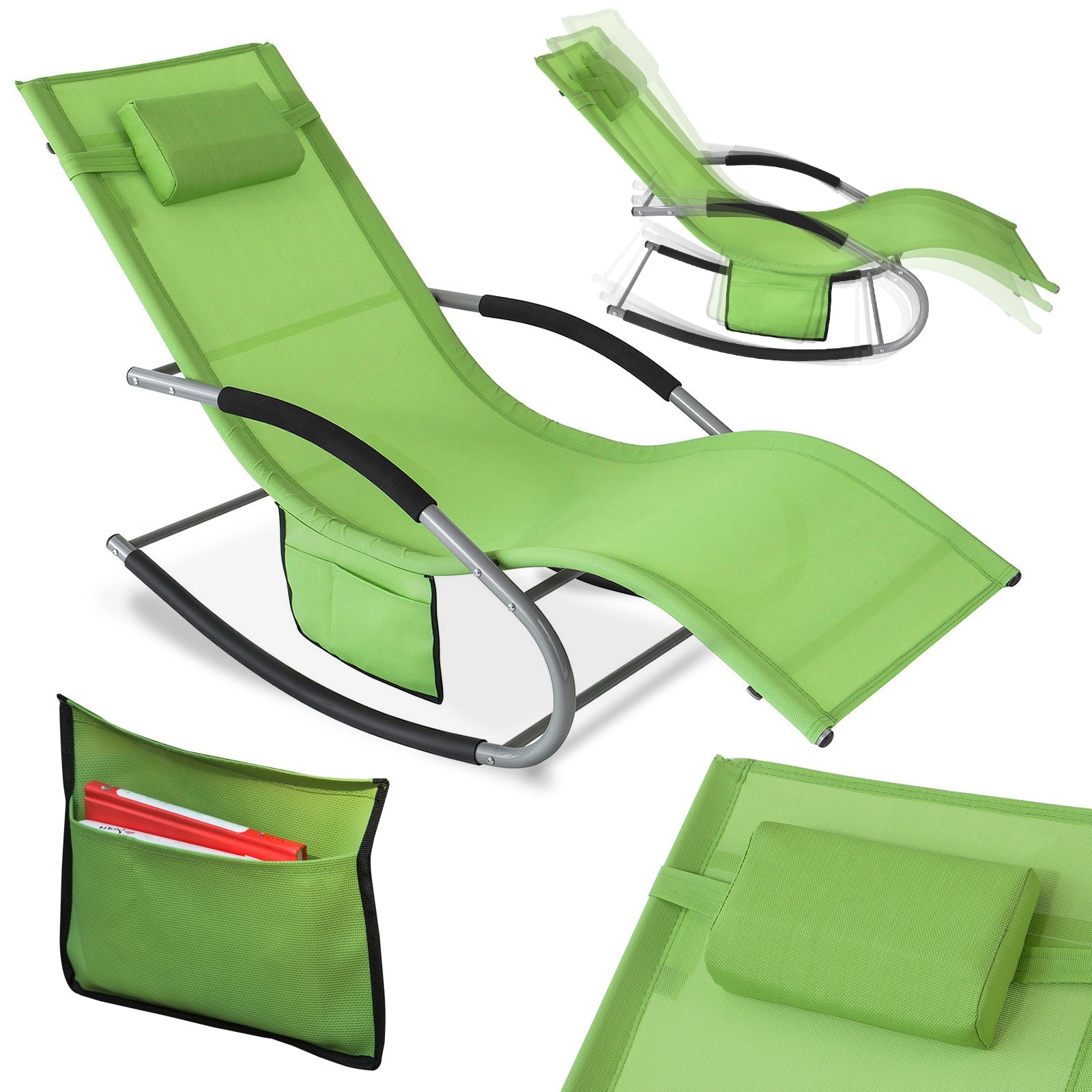 SoBuy OGS28-GR Chaise Longue Transat de Jardin Bascule avec Appui-tête réglable et Pochette latérale | Prévente