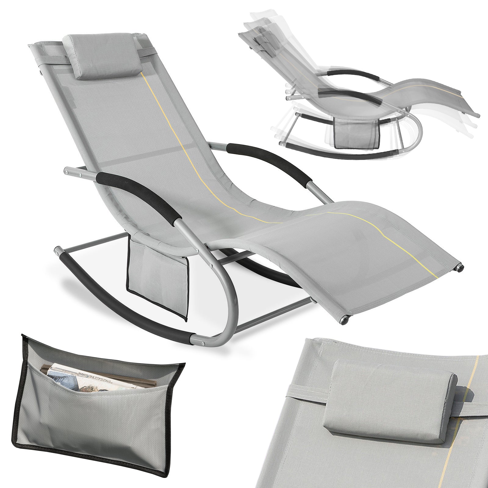 SoBuy OGS28-HG Chaise Longue Transat de Jardin Bascule avec Appui-tête réglable et Pochette latérale