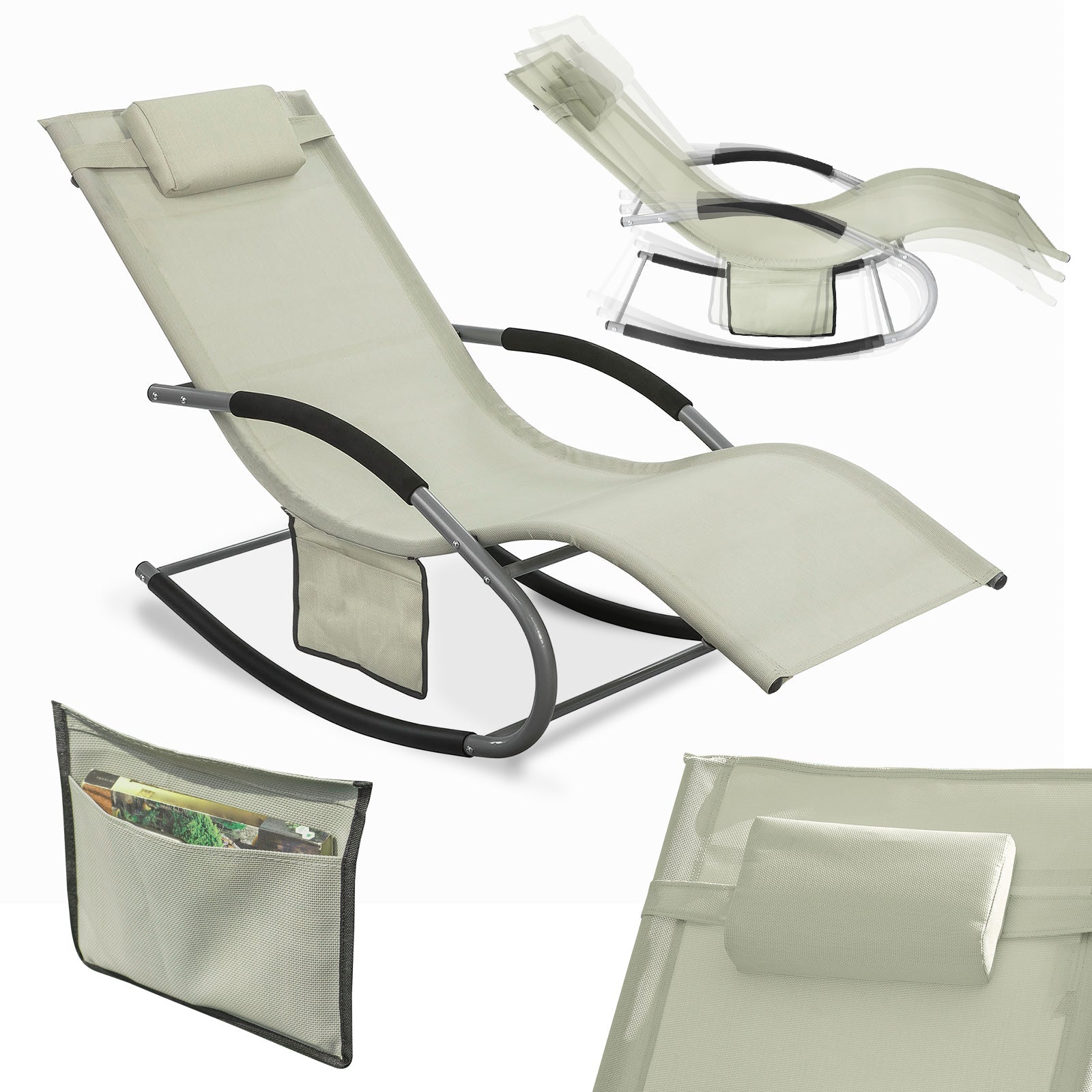 SoBuy OGS28-MI Chaise Longue Transat de Jardin Bascule avec Appui-tête réglable et Pochette latérale