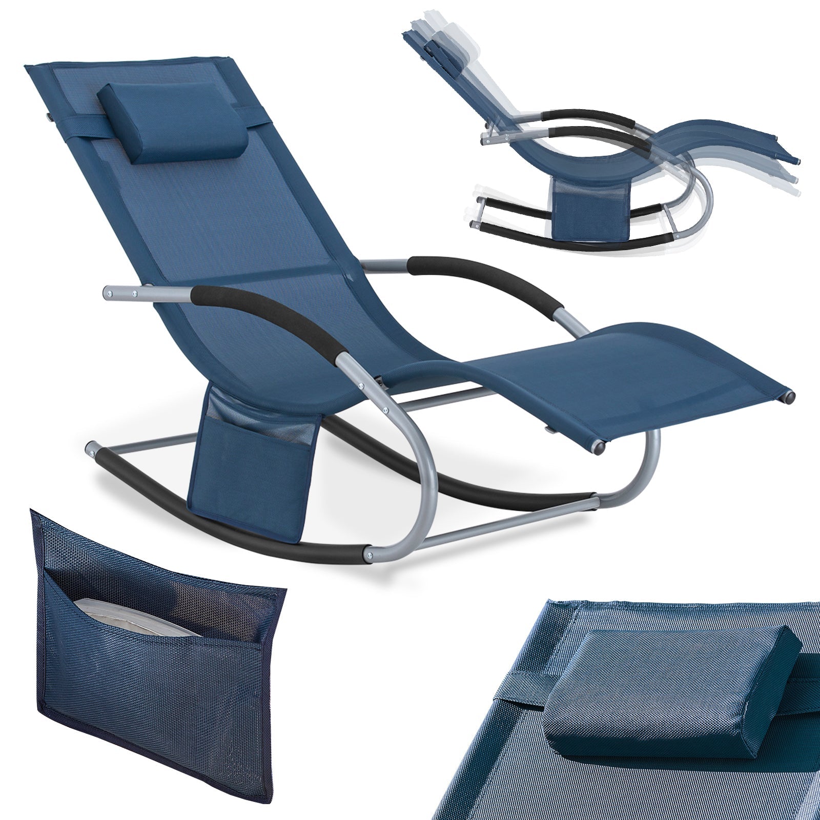 SoBuy OGS28-NB Chaise Longue Transat de Jardin Bascule avec Appui-tête réglable et Pochette latérale