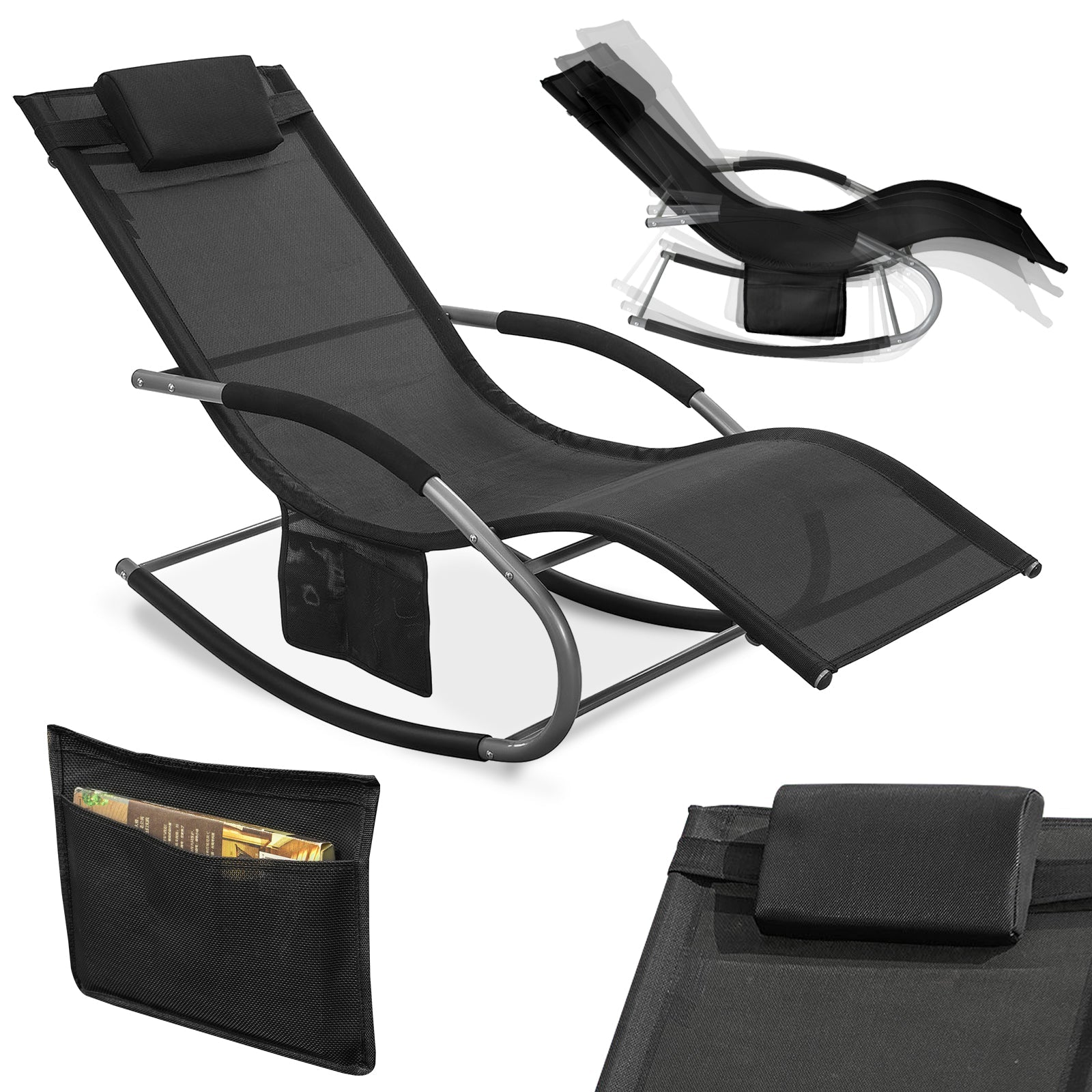 SoBuy OGS28-SCH Chaise longue Transat de Jardin Bascule avec Appui-tête réglable et Pochette latérale