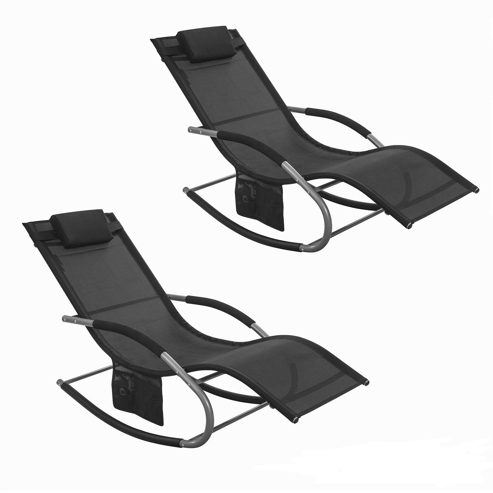 SoBuy OGS28-SCHx2 Lot de 2 Chaise Longue Transat Jardin Bascule avec Appui-tête réglable et Pochette latérale