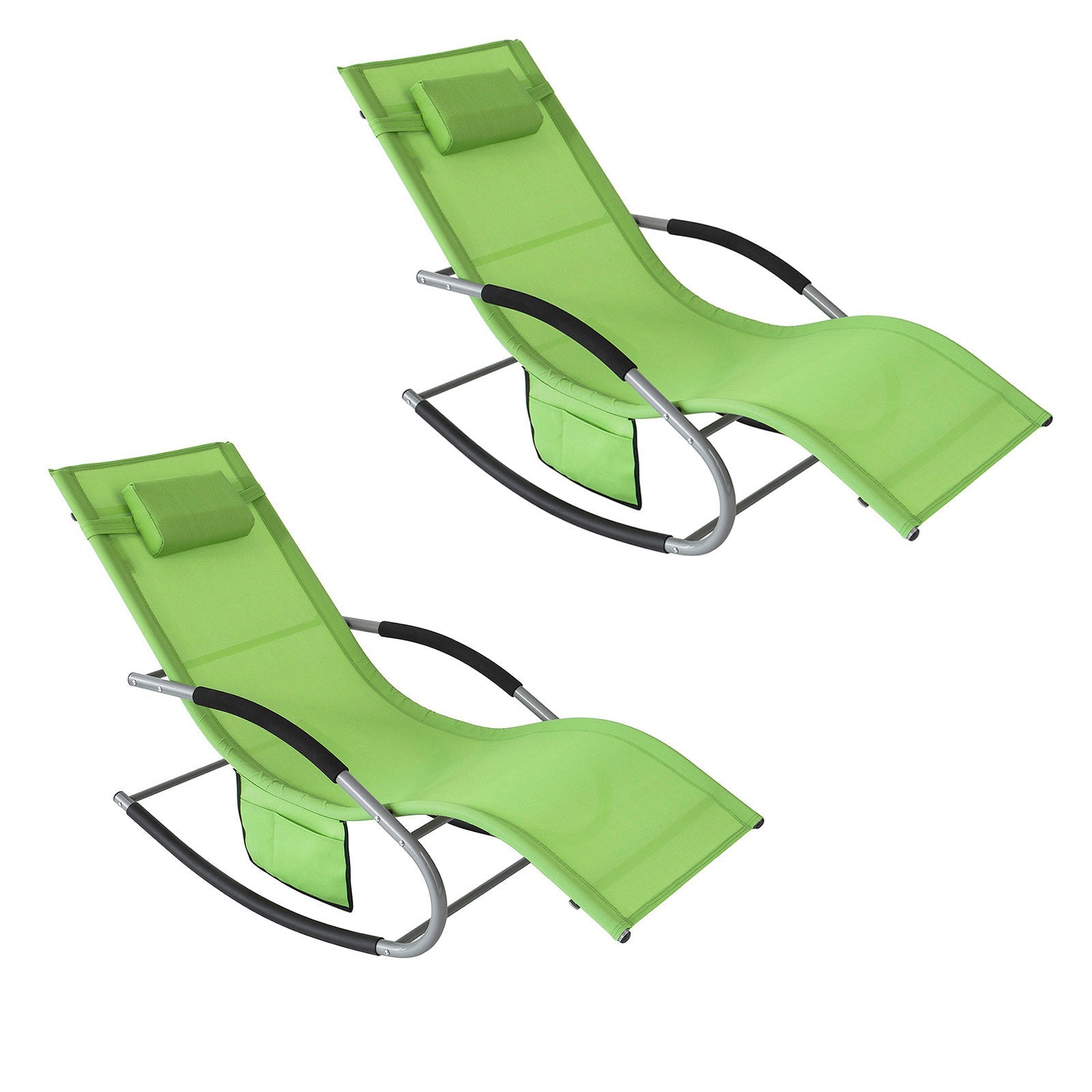 SoBuy OGS28-GRx2 Lot de 2 Chaise Longue Transat de Jardin Bascule avec Appui-tête réglable et Pochette latérale