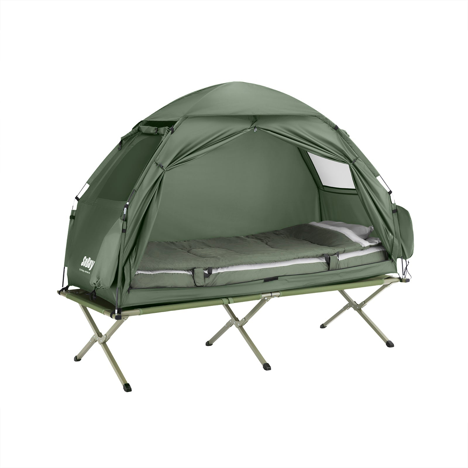 SoBuy OGS32-GR Tente de Camping Pliable 4 en 1 avec Toit, Sac de Couchage, Matelas Gonflable, 1 Personne, Vert