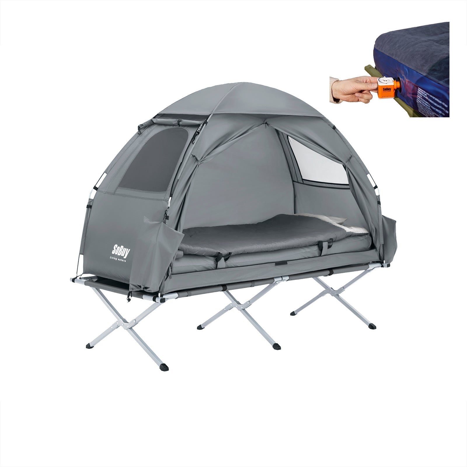 SoBuy OGS32-HG Tentes d'extérieur 1 Personne Tente de Camping pour la Plage Park 4 en 1 Tentes Igloo avec Sac de Transport Gris 193 x 160 x 86cm