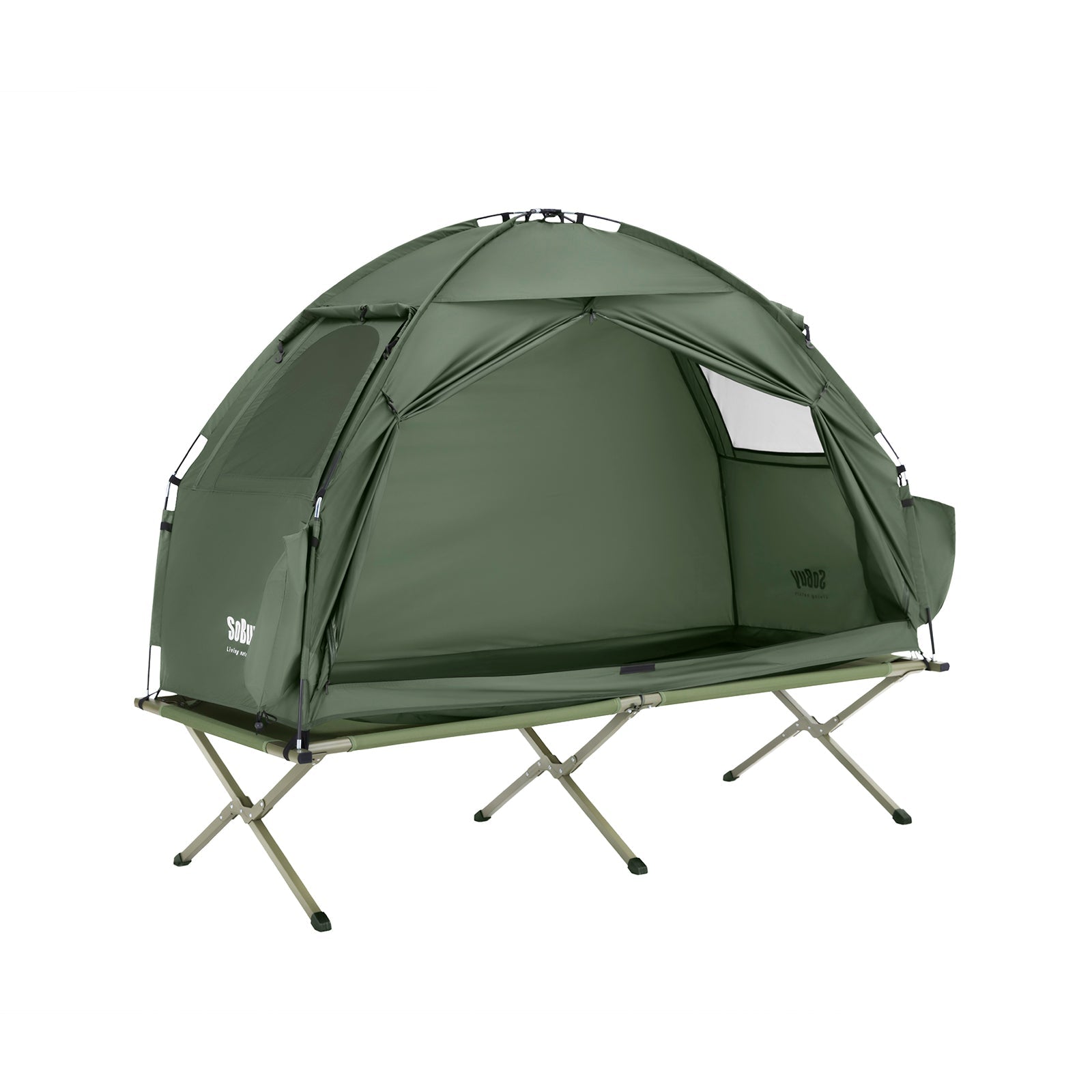 SoBuy OGS32-II-GR Lit de camp Tente de camping d'extérieur avec crochets pour lampes et poches de rangement pour chaussures 3 en 1 personne Lit de camp pratique
