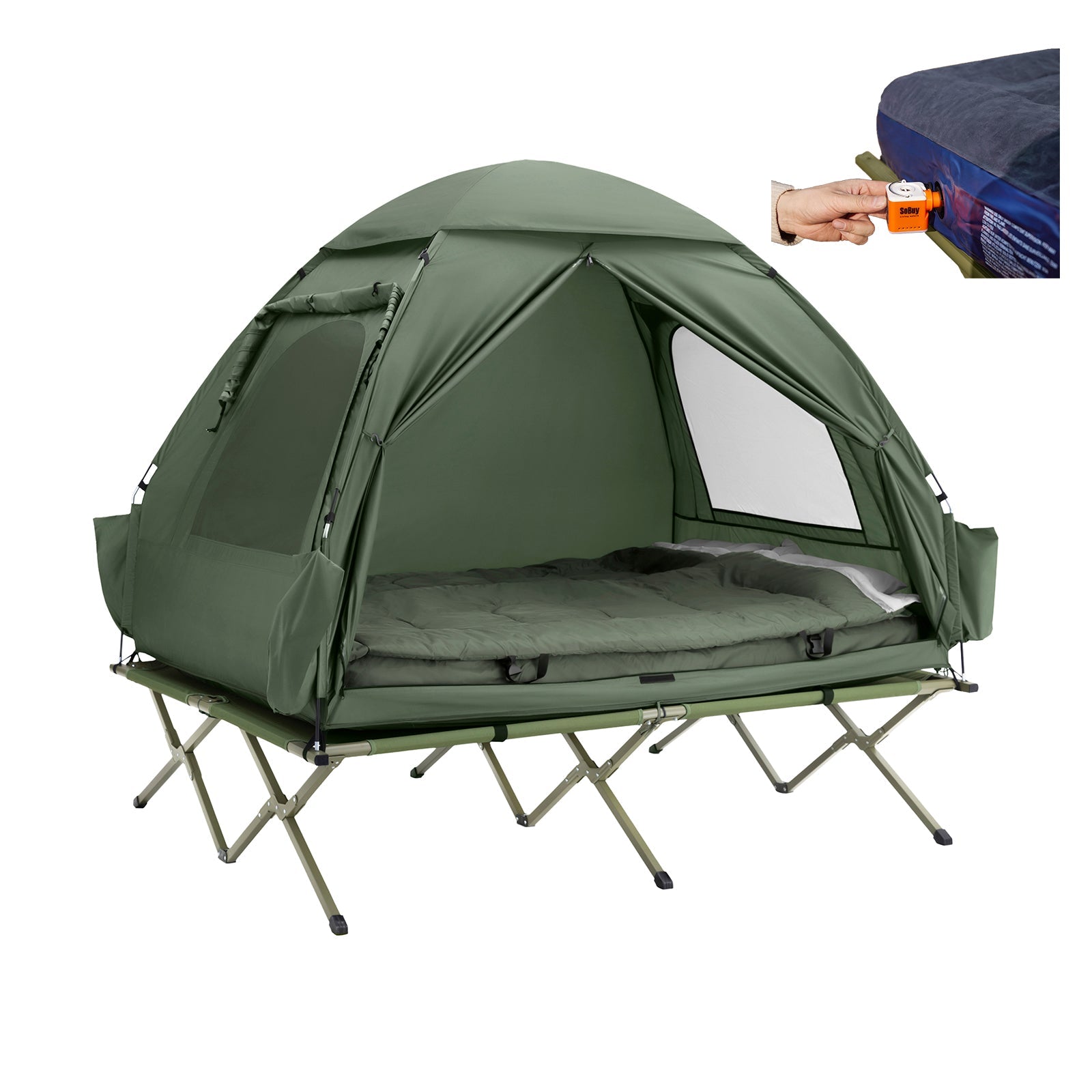 SoBuy OGS32-L-GR Tente de Camping 4 en 1 Pliable Lit Surélévé, Toit, Sac de Couchage, Matelas Gonflable -2 Personnes - Idéal pour Randonnée, Festival et Plein Air