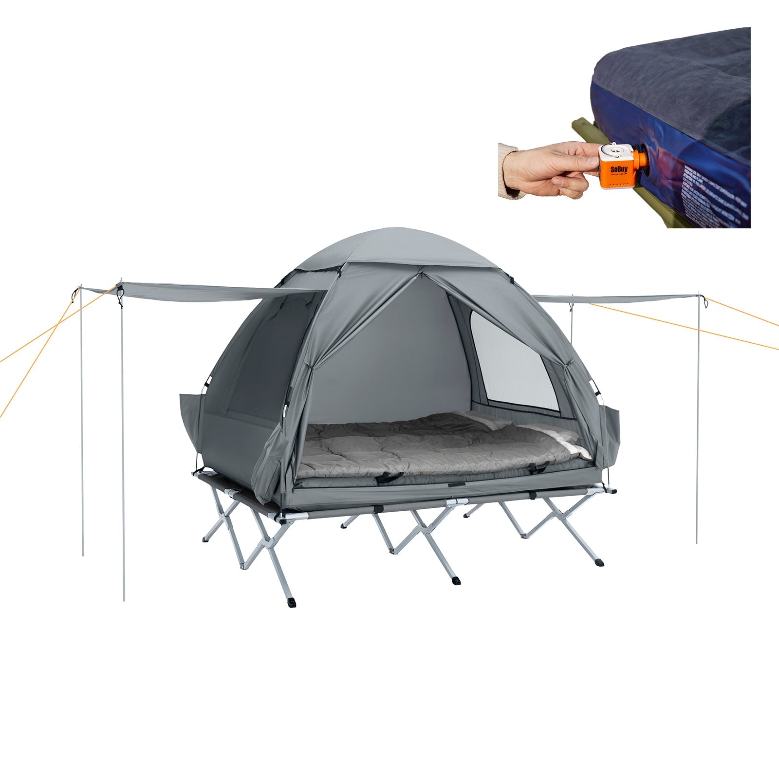 SoBuy OGS32-L-HG Tente de Camping Pliable 4 en 1 avec Toit, Sac de Couchage, Matelas Gonflable, 2 Personnes, Gris