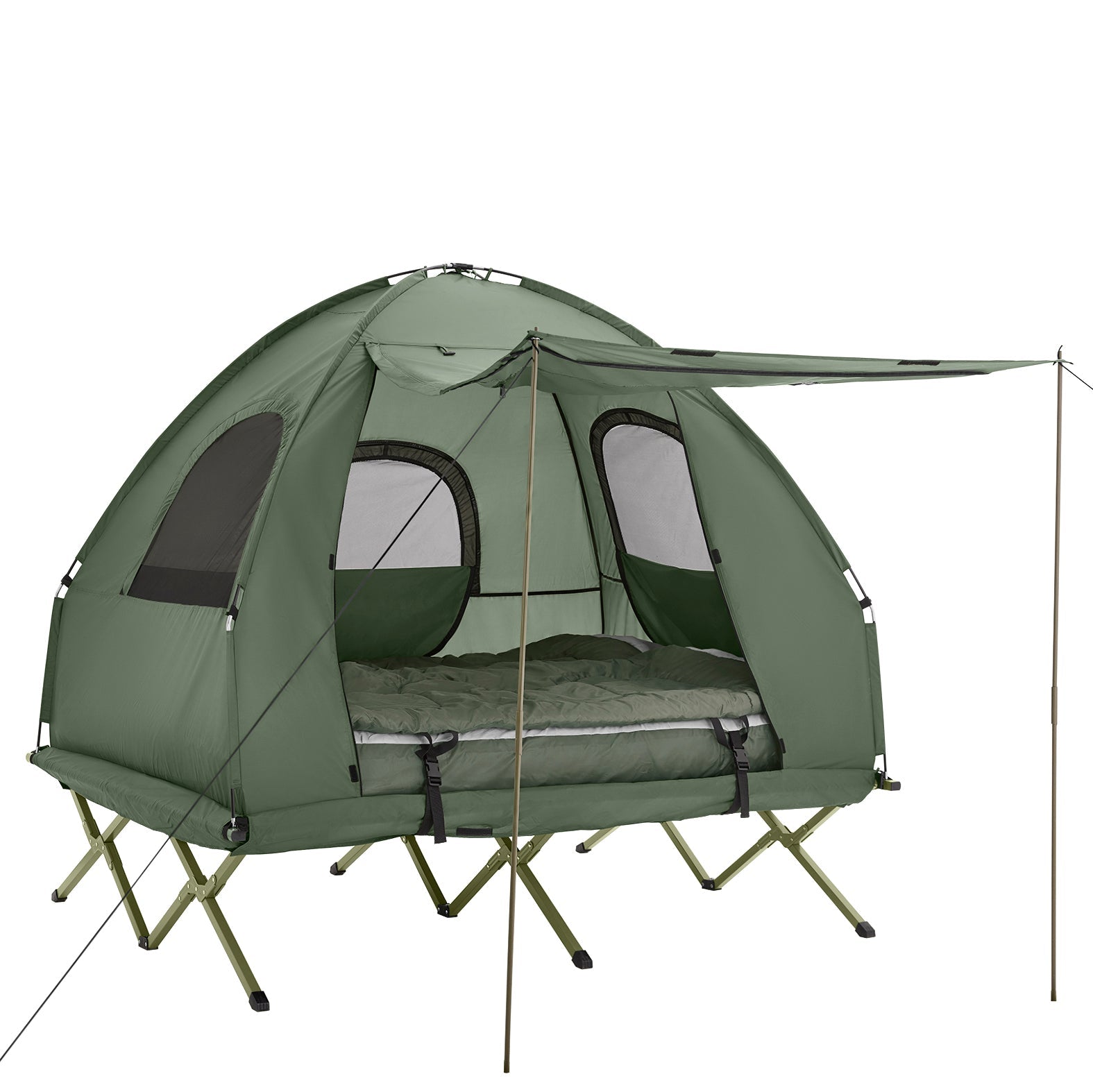 SoBuy OGS61-L-GR Tente Surélévée avec Lit de Camping pour 2 personnes Tente de Camping Pliable 4en1 Avec Lit en Alu, Sac de Couchage, Matelas Gonflable, Sac de Transport Charge Max. 180 kg Verte 